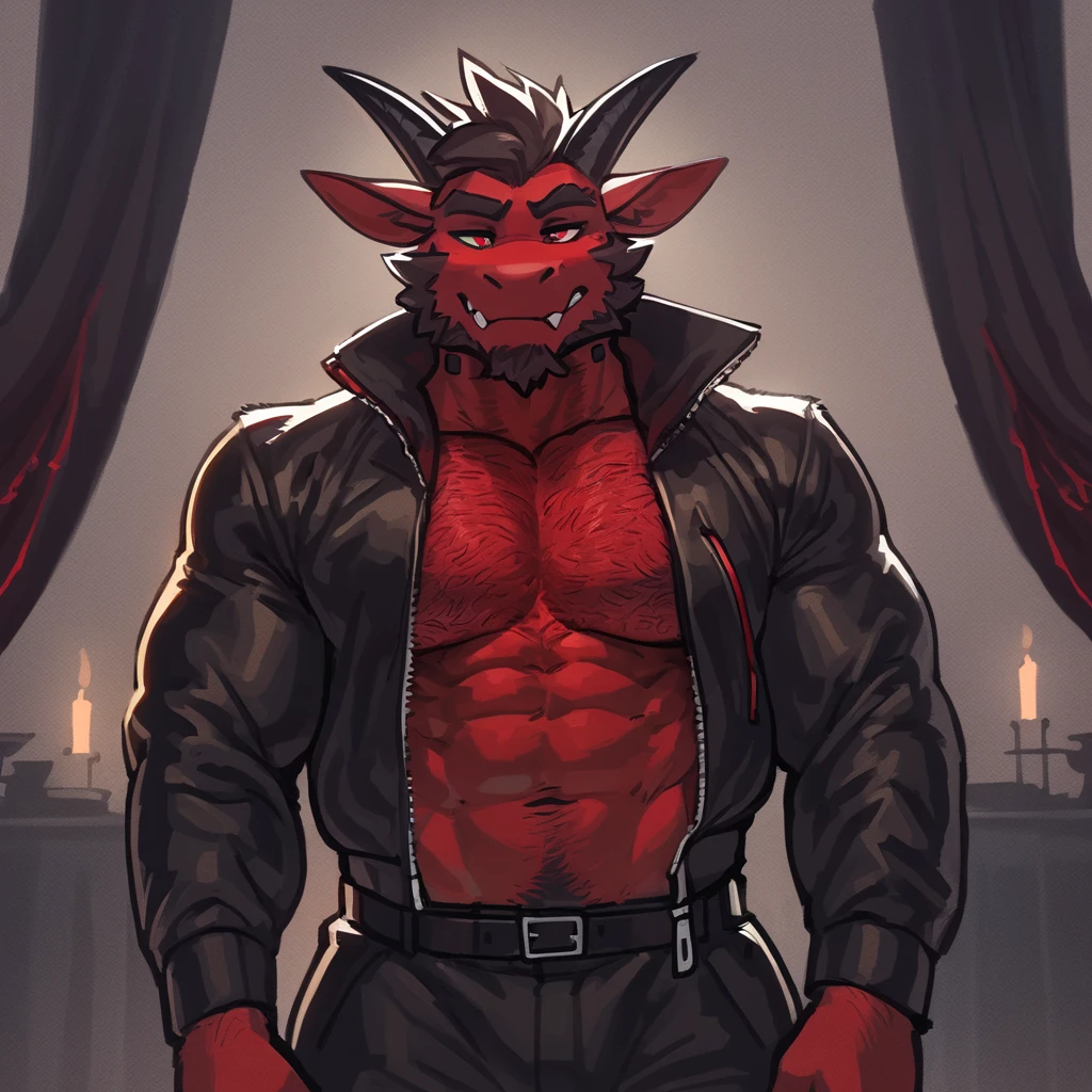 depth of fields, lighting perfect, light particles,(best quality), (masterpiece), (ultra - detailed, Sharp focus, light particles, inij,red fox male, black demonic markings, opposite ageature temperament,demon horns , demon wings, eyes,red-eyed,hairy chest,Animal_Ear_vellus hair,Crossed waist with one hand, rays of sunshine,City,Mysterious smile, two penises, double penis, Naked,