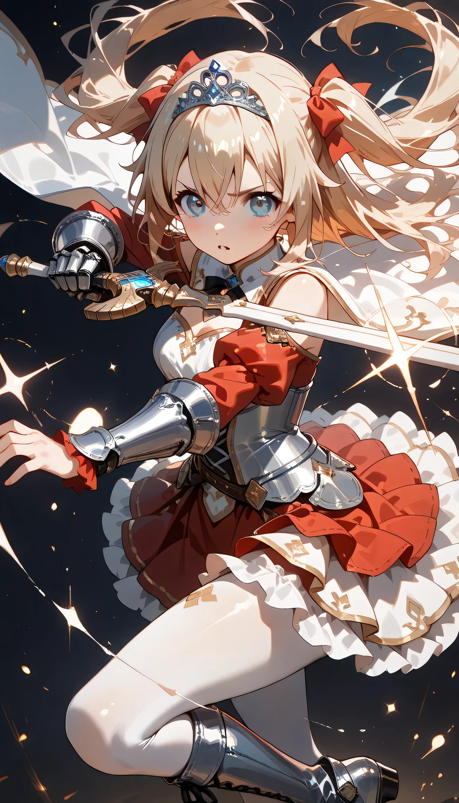((ultra-detailed)), (highly detailed CG illustration), (best quality:1.2), ultra-highly detailed, colorful composition, artistic photoshoot, solo focus, (upper body), moe anime character, girl, dainty facial structure, babyface, round face, rounded chin, ideal ratio body proportions, celia-default, celia claire, blue eyes, sparkle eyes, two side up, hair ribbon, ample breasts, fantasy motif princess knight costume with sword weapon, matching design of pearl white metal plate armor and pastel pink dress, (white metal plate armor covers entire body:1.2), princess tiara decorated with beautiful jewels, wear elegant and beautifully decorated pearl white metal plate armor over a elegant pastel pink princess dress, white metal armor texture with an elegant luster, elaborate gold decorations, elizabeth color with jewelry brooch, ((serious:1.4)), ((holding fantasy motif magical sword combat stance:1.4)), ((in a battle posture:1.4)), bare shoulder, cold shoulder, bare thighs, ((matching design white metal gauntlet with gold decoration, armed covers from elbow to wrist:1.2)), white metal heeled boots with gold decoration, corset shaped waist parts, lace-up, ribbon decoration, white pantyhose, pastel pink lace flared skirt, (layered skirt-hem), white tulle lace on skirt, wide A-line, mini skirt, long cape made of organza material with a beautiful gradation of white and pink, (glowing aura), ((dynamic pose:1.4)), (fighting in fantasy), expecting, pink cheek, pink gloss slip, portrait, depth of field, lighting, sidelighting, (shine), lighting, caustics, ray tracing, lustrous skin, highly detailed face, highly detailed eyes, perfect nose, perfect anatomy, beautiful hair, beautiful small face, beautiful detailed eyes, beautiful clavicle, beautiful body, beautiful breasts, leavage, breasts squeezed together, beautiful thin thighs, beautiful legs, beautiful fingers, lovely, (very detailed background:1.0), (highly detailed background:1.0), intricate details, chromatic aberration