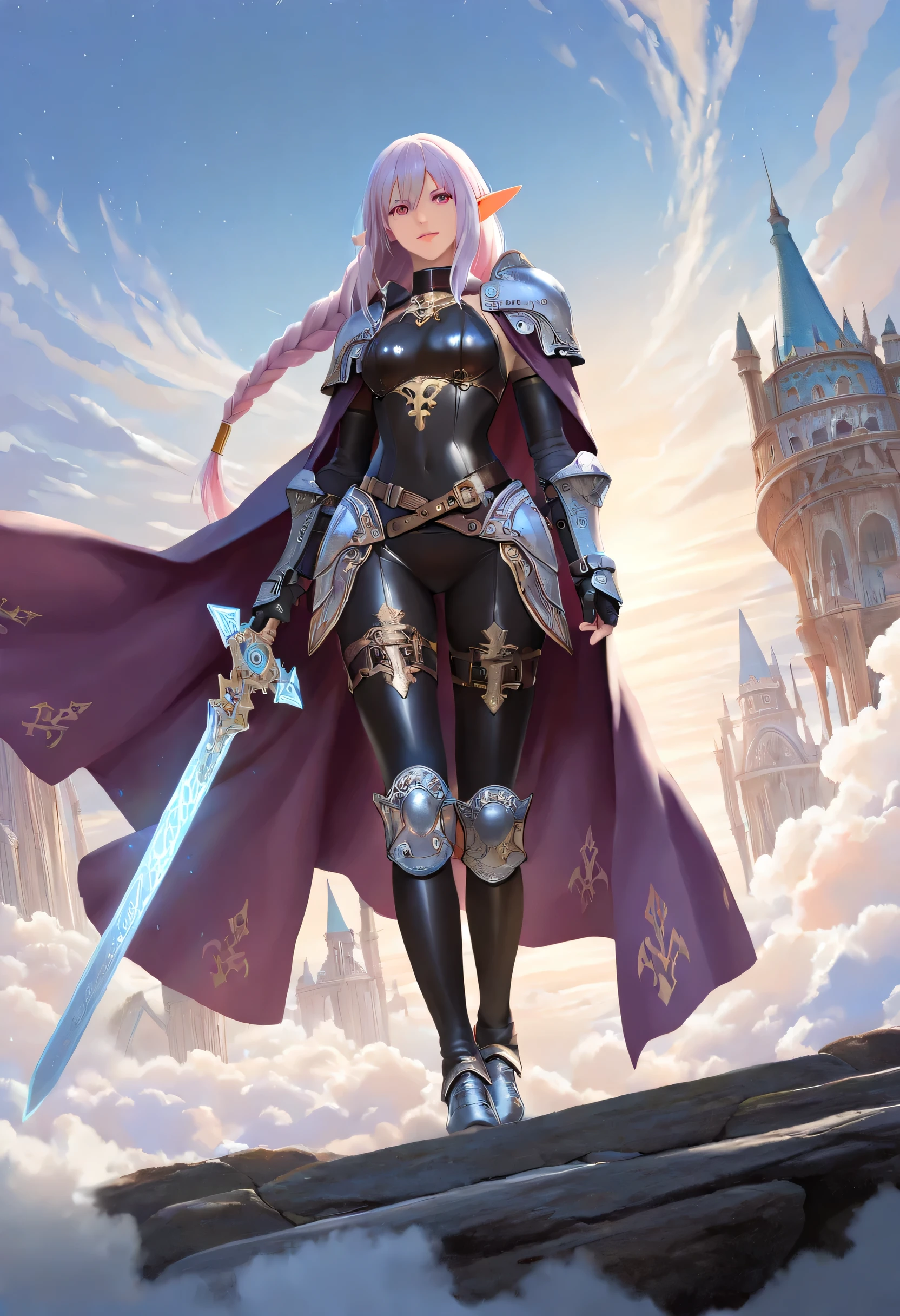 a picture of a female elf, fantasy swashbuckler, fantasy fencer, armed with a slim sword, shinning sword, magical sword, metallic shine, colorful clothes, full body, epic beautiful female elf, nlond hair, braided hair, small pointed ears, wearing  purple cloak, long cloak, wearing elven leather armor, sense of daring, sense of adventure fantasy street, high details, best quality, 16k, [ultra detailed], masterpiece, best quality, (extremely detailed), dynamic angle, ultra wide shot, photorealistic, RAW, fantasy art, realistic art,((best quality)), ((masterpiece)), (detailed), perfect face, fantasy, Cinematic Shot, dvr-hgh-fnt