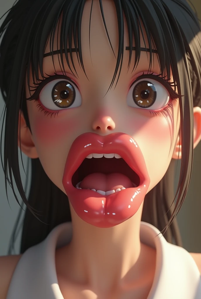 Kizi,Sit on my lap,looking at me,(Very wide open mouth,Drooling,Stick out her tongue,(throat),(saliva),((heav breathing)),(uvula),(nakeness),suspending)