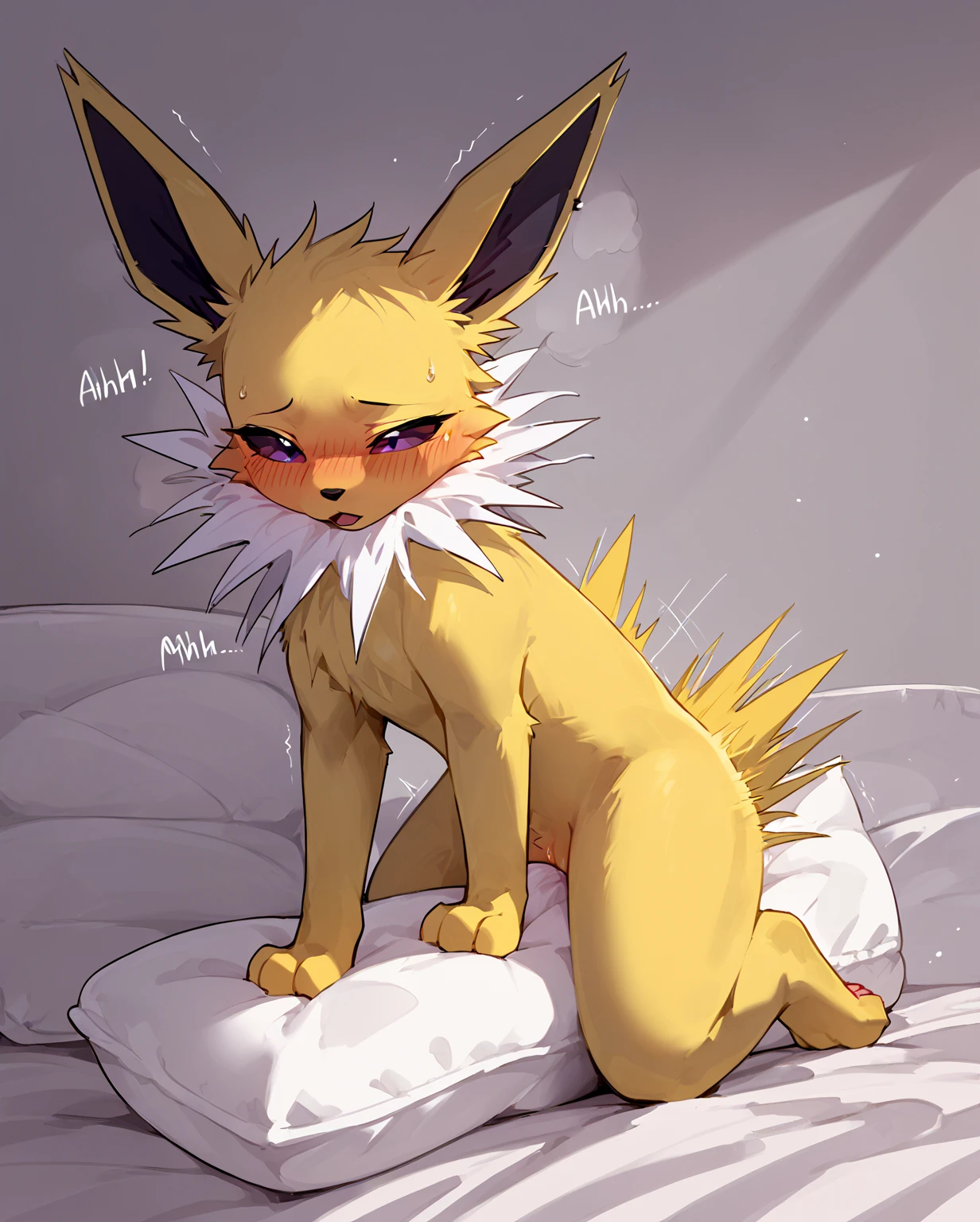 alone, score_9,score_8_up,score_7_up, an anthro furry female jolteon girl, naked, breasts, vagina, with a blanket, sleeping, in a bed.