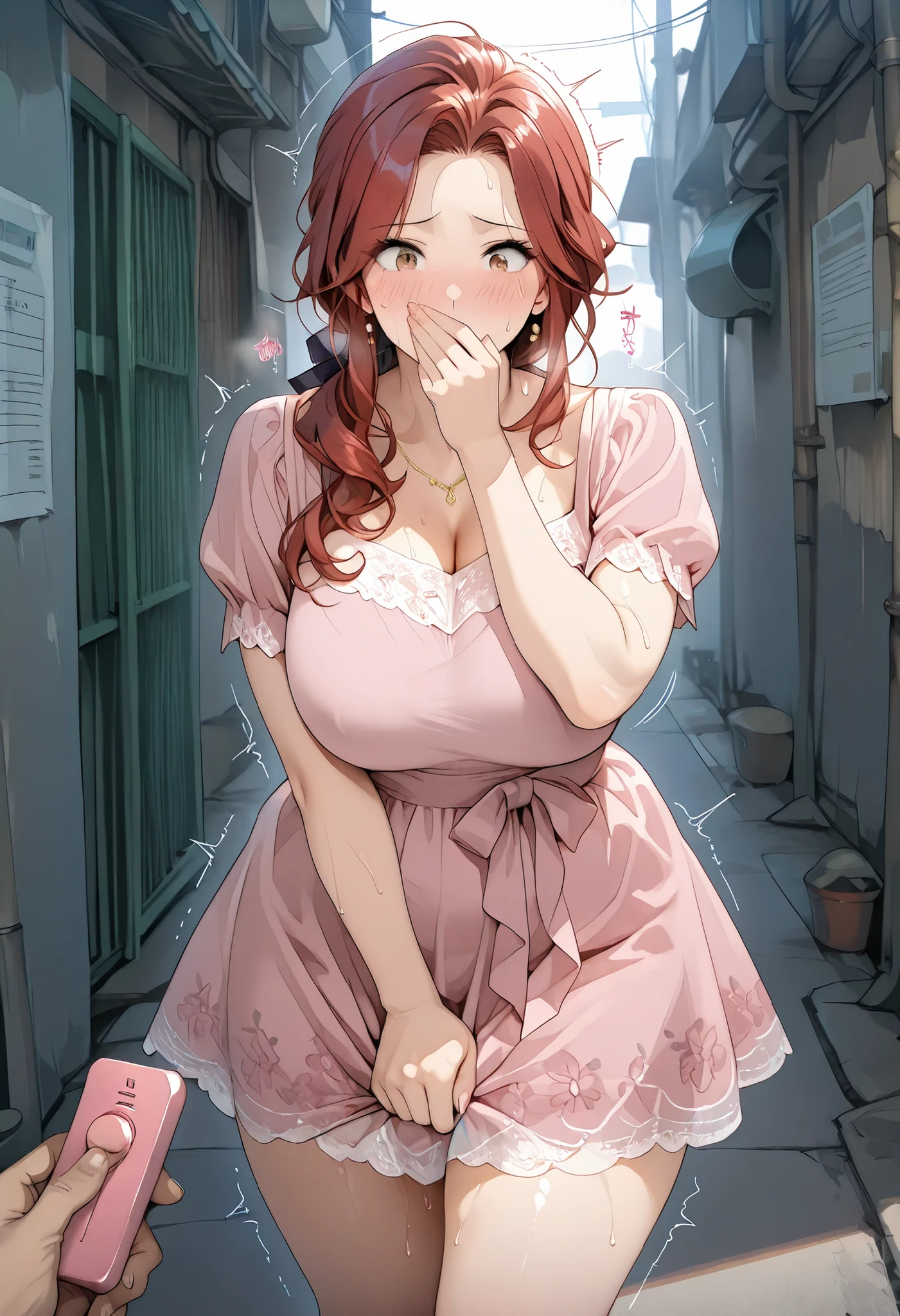 ( 1 mature woman 1 man), attractive mature woman , Big , red hair, Long Hair, light brown eyes, Sensual look , is dressed in a charming flowery dress , short pink dress, alley , standing, legs shaking, bothers, thighs , a big plump butt , big hip, erotic, sensual, ecchi, pretty eyes , Resignation, she's worried , tight teeth, perfect body , blush, indecisive people , closed angle , half a visible body , thin body, 4k, sweat, humidity, pretty eyes , Fence angle , closed angle, POV holding vibrator remote, Hand Over Own Mouth ,