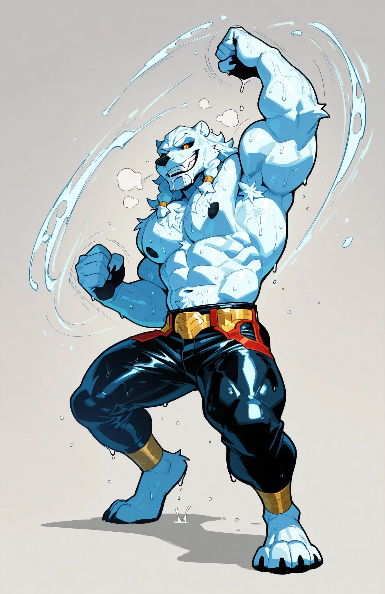 solo, 1boy, side view, full body, correct anatomy, ThokkIN, furry, anthro, masculine, tough face, detailed face, detailed glowing eyes black sclera orange pupils, very muscular, athletic body, slim, broad shoulders, thick arms, small head, (hairy) wet armpit, smile, drooling saliva, leaning over viewer, sweat dripping, topless, pants, fighting stance, movements lines, motion blur, simple background