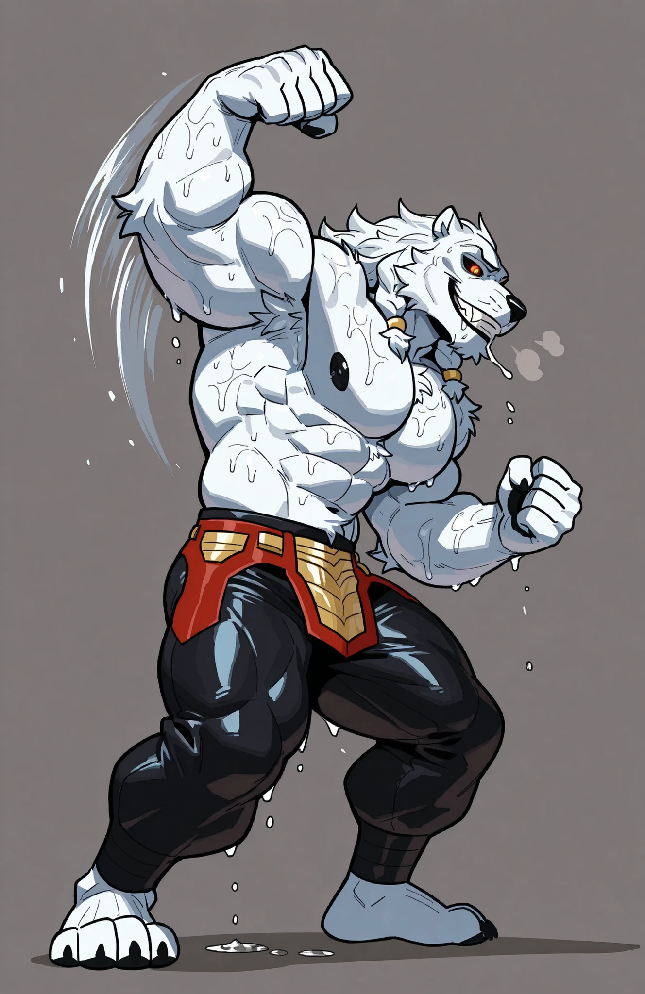 solo, 1boy, side view, full body, correct anatomy, ThokkIN, furry, anthro, masculine, tough face, detailed face, detailed glowing eyes black sclera orange pupils, very muscular, athletic body, slim, broad shoulders, thick arms, small head, (hairy) wet armpit, smile, drooling saliva, leaning over viewer, sweat dripping, topless, pants, fighting stance, movements lines, motion blur, simple background
