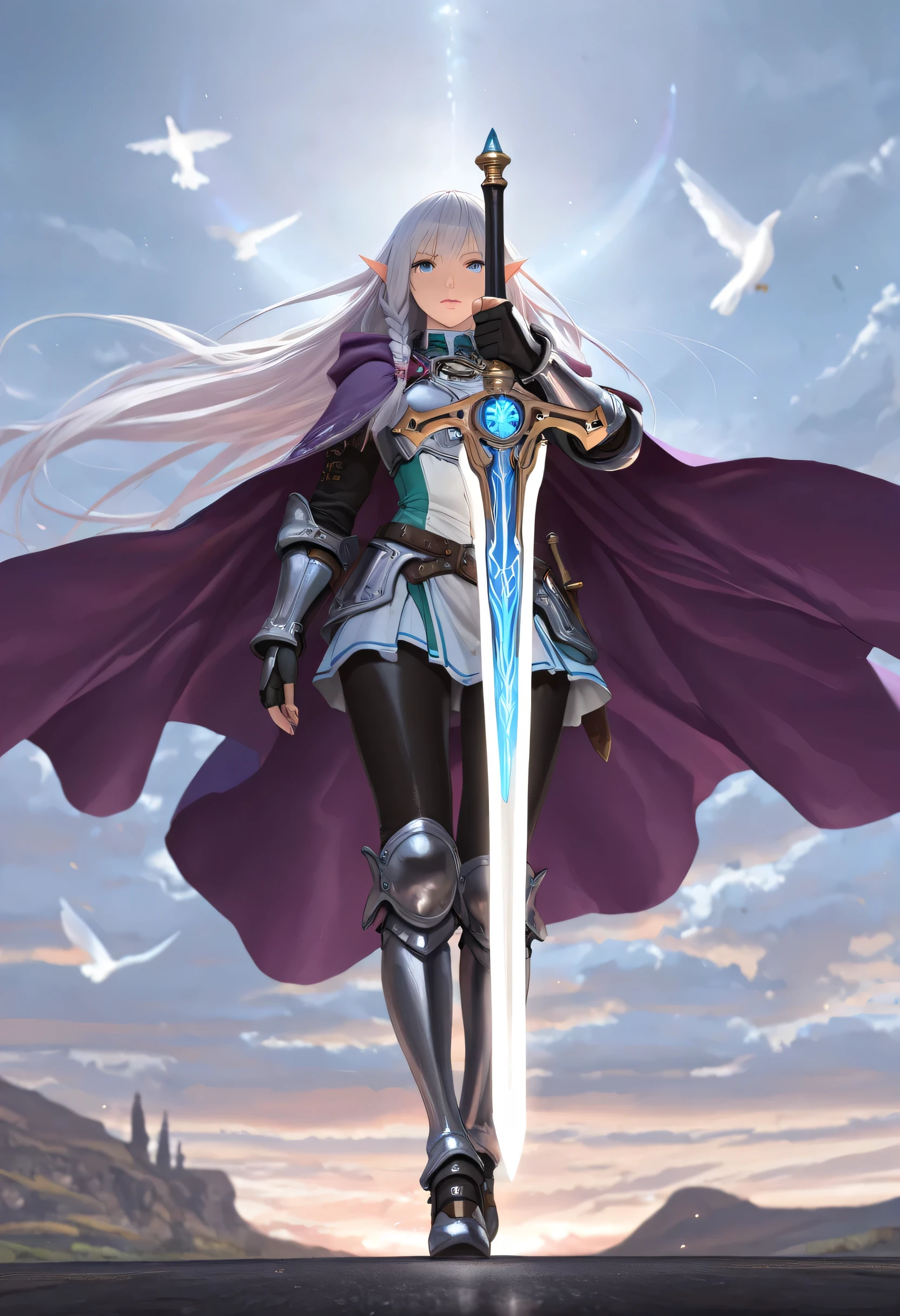 a picture of a female elf, fantasy swashbuckler, fantasy fencer, armed with a slim sword, shinning sword, magical sword, metallic shine, colorful clothes, full body, epic beautiful female elf, rich hair, braided hair, small pointed ears, wearing  purple cloak, long cloak, wearing elven leather armor, sense of daring, sense of adventure fantasy street, high details, best quality, 16k, [ultra detailed], masterpiece, best quality, (extremely detailed), dynamic angle, ultra wide shot, photorealistic, RAW, fantasy art, realistic art,((best quality)), ((masterpiece)), (detailed), perfect face,  fantasy, Cinematic Shot, dvr-hgh-fnt