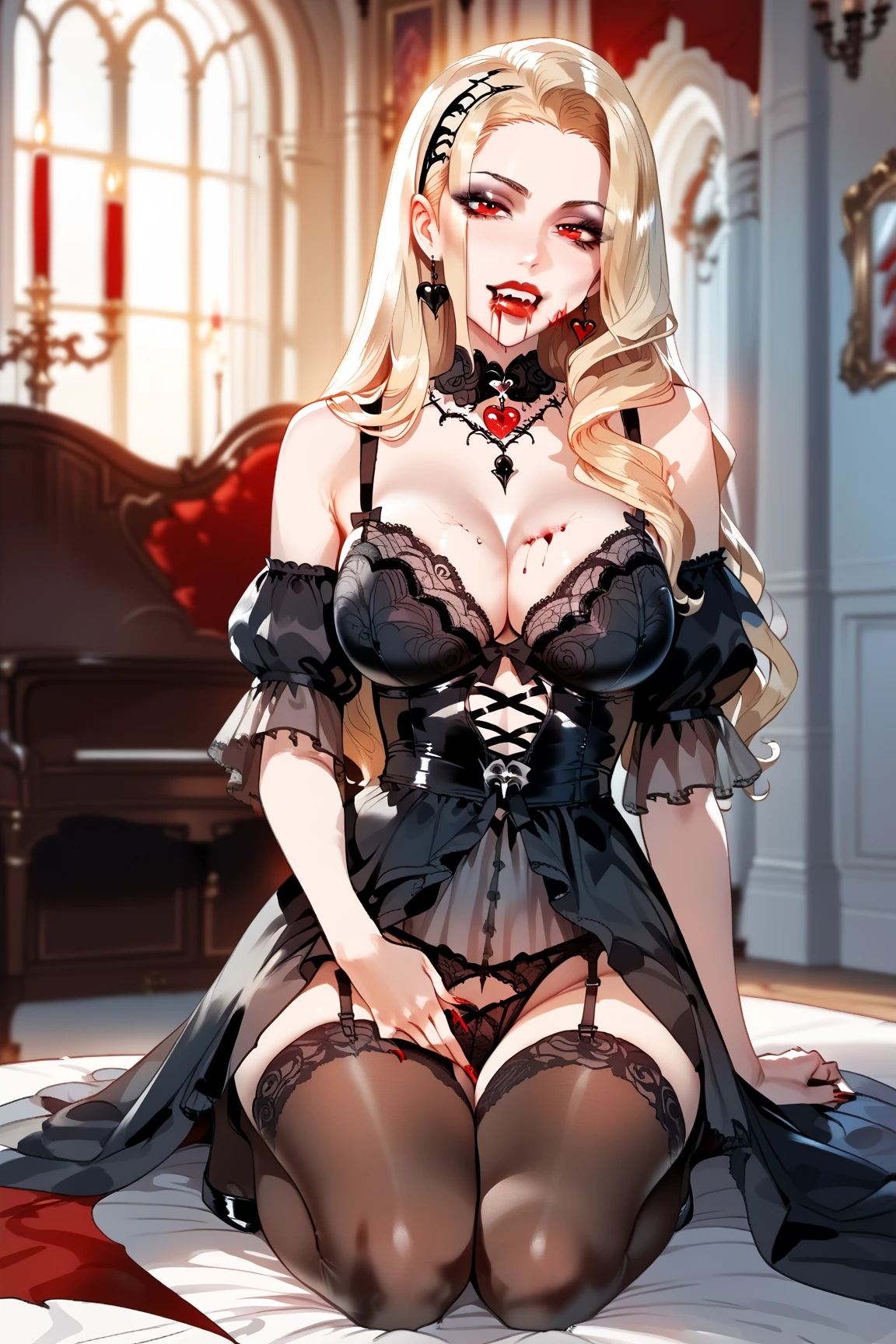 a captivating blonde, clad in a black lace dress and long black gloves, sits on a luxurious red silk bed, her knees bent in front of her. her bare is shown, and she gazes mysteriously at the camera. her long blonde hair cascades down her back, and she sports a dark lip stain, adding a touch of mystery to her appearance. the backdrop features a chandelier adorned with a variety of candles, adding a touch of elegance to the scene. the chandelier is suspended from the ceiling, casting a warm glow over the scene. the room is bathed in a soft, diffused light, enhancing the overall ambiance of the shot.