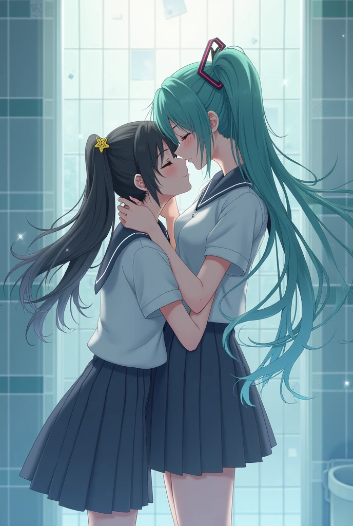 (2girls kissing)  (first girl is tall has long black hair with blue hair locks in her hair multicolored hair) (second girl is short has long brown hair) (lesbians, lesbian kiss, deep kiss, closed eyes)