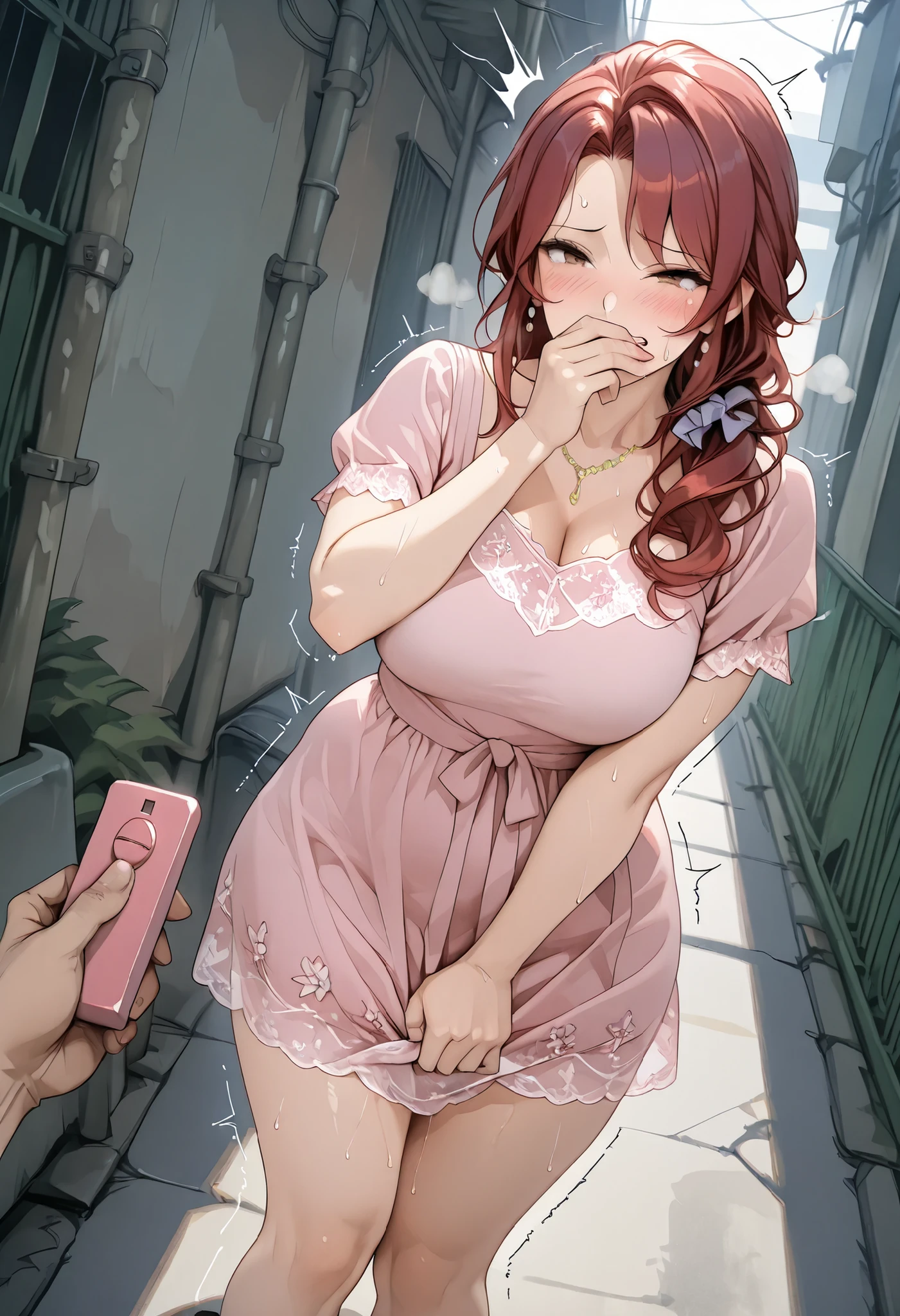 ( 1 mature woman 1 man), attractive mature woman , Big , red hair, Long Hair, light brown eyes, Sensual look , is dressed in a charming flowery dress , short pink dress, alley , standing, legs shaking, bothers, thighs , a big plump butt , big hip, erotic, sensual, ecchi, pretty eyes , squinting eyes, Resignation, she's worried , tight teeth, perfect body , blush, indecisive people , closed angle , half a visible body , thin body, 4k, sweat, humidity, pretty eyes , Fence angle , closed angle, POV holding vibrator remote, Hand Over Own Mouth ,
