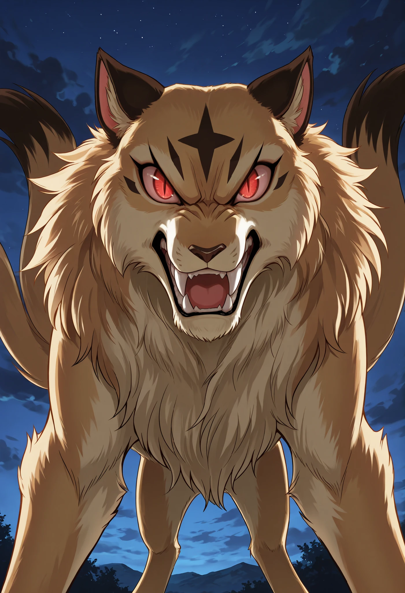 Kirara (transformed), solo, no humans, slit pupils, fangs out, red eyes, tan fur, two tails, black diamond mark on head, detailed fur, detailed teeth, looking at viewer, front view, open mouth, snarling, angry, nighttime, backlighting