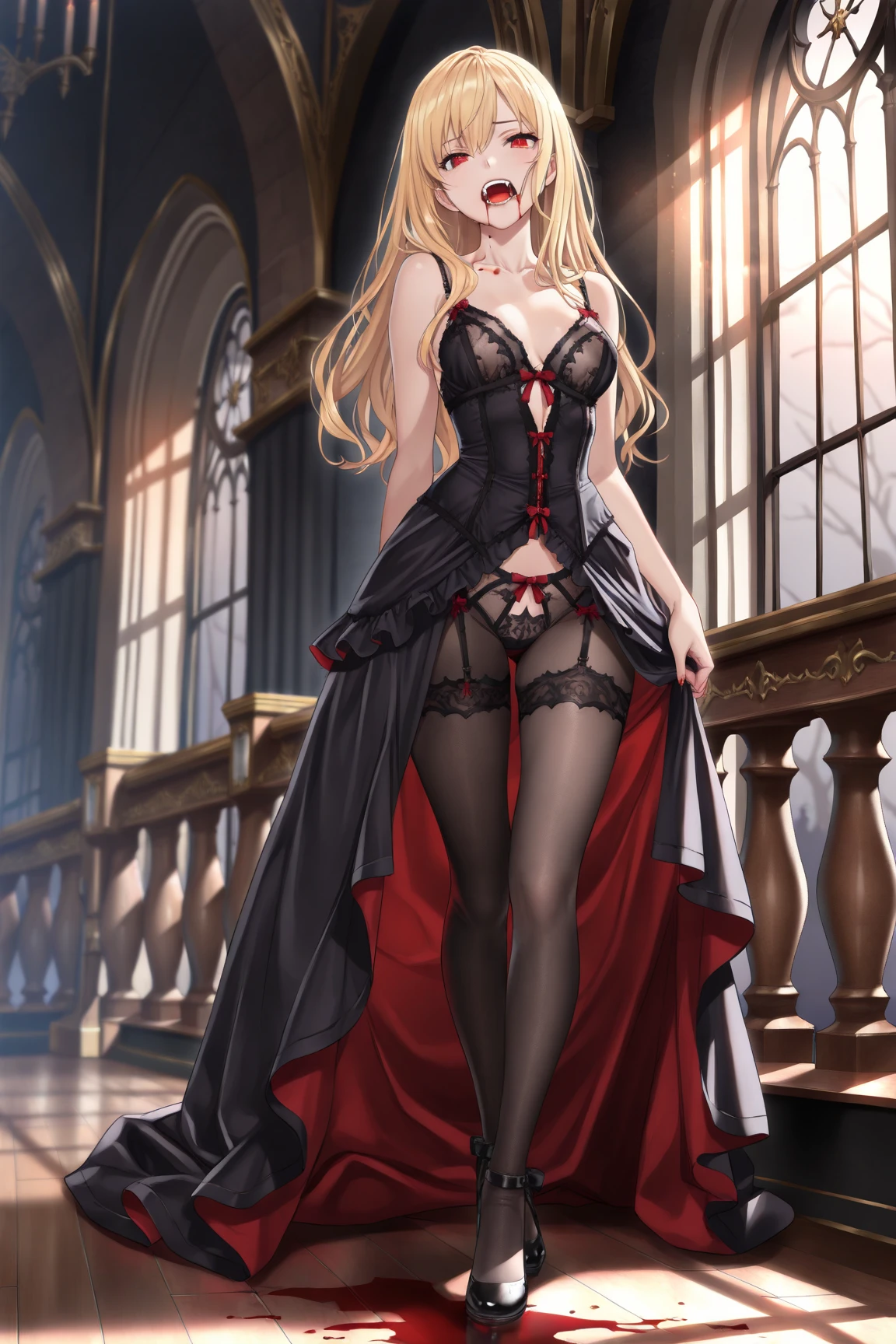 Pretty woman like an idol, full body, standing symmetrical feet together, hands on hips, garter belt, metal sandals, black choker, golden bracers on arms and legs (More elaborate illustrations、Castle Square、Red Carpet、Glittering room, bedroom background, pink sheets, white pillow)