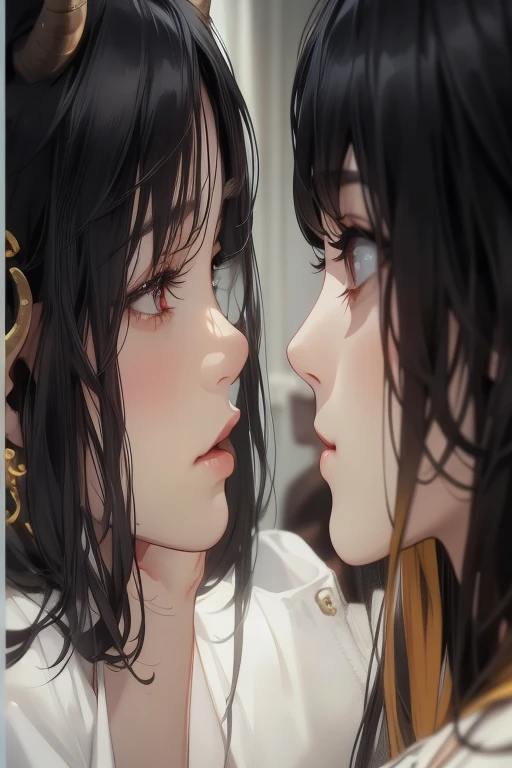 photorealistic, lip gloss, painting, realistic, best quality, ultra high resolution, depth, pastel color, natural shading, focus on the face, just the face, looking at the viewer, long hair, black hair, brown and well-detailed eyes, black clothing