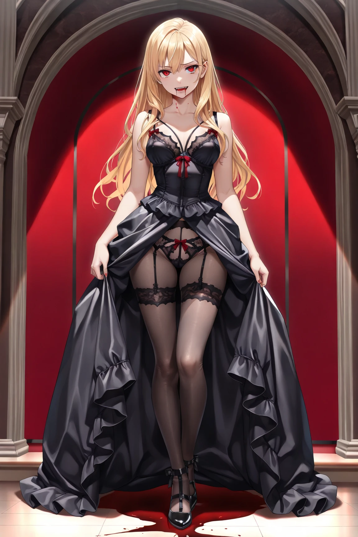 1girll，，Wings，
exteriors，the street，view over city，Demon tail，
Place your left hand on your chest，venom symbiote，venomize，natta，high-heels，Violet blue clothes，Black and white high heels，Pattern，decor，Golden hair，Brown hair，lewd nun，frilld，Lace trim，Clothing style, Clothing prints，Bangs trimmed，The wand rested between his thighs，Translucent skirt，standing on your feet，eyes glowing，Raised sexy，lipsticks，art-deco，Venom clothes，Cross stickers，Rune stockings，bunnygirl，With the holy sword，Collar，Insertion into the ，Cross leg ring，Blood，banknotes，Masturbation，Bow knot，drools，White liquid，tilt，Dream Demon Eye decoration