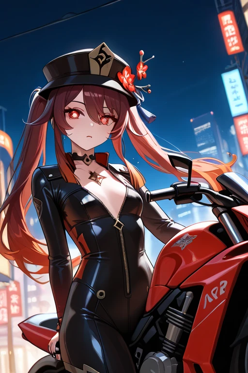 ((masterpiece, best quality)),(illustration),(detailedLight),((Extremely exquisite and beautiful)),in style of Thierry Mugler，Riding a Harley motorcycle，1 Girl，Gothic style，Motion Blur，Sense of speed，Light afterimage，Lively colors