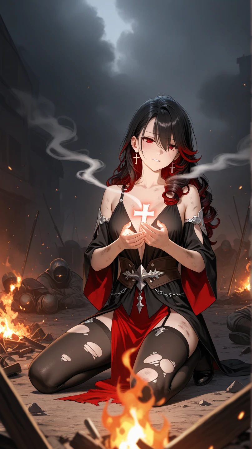 (Woman: 2), standing outside massive gothic cathedral, raining, dark stormy night, wearing ornate male catholic priest robes, robes open, booty shorts, crop top, under boob cleavage, holding rosary, rosary burning her hand, smoke coming off hand, mouth open in a painful scream, vampire fangs, look of pain and regret on face, cross burns skin, skin smoking, crying blood,