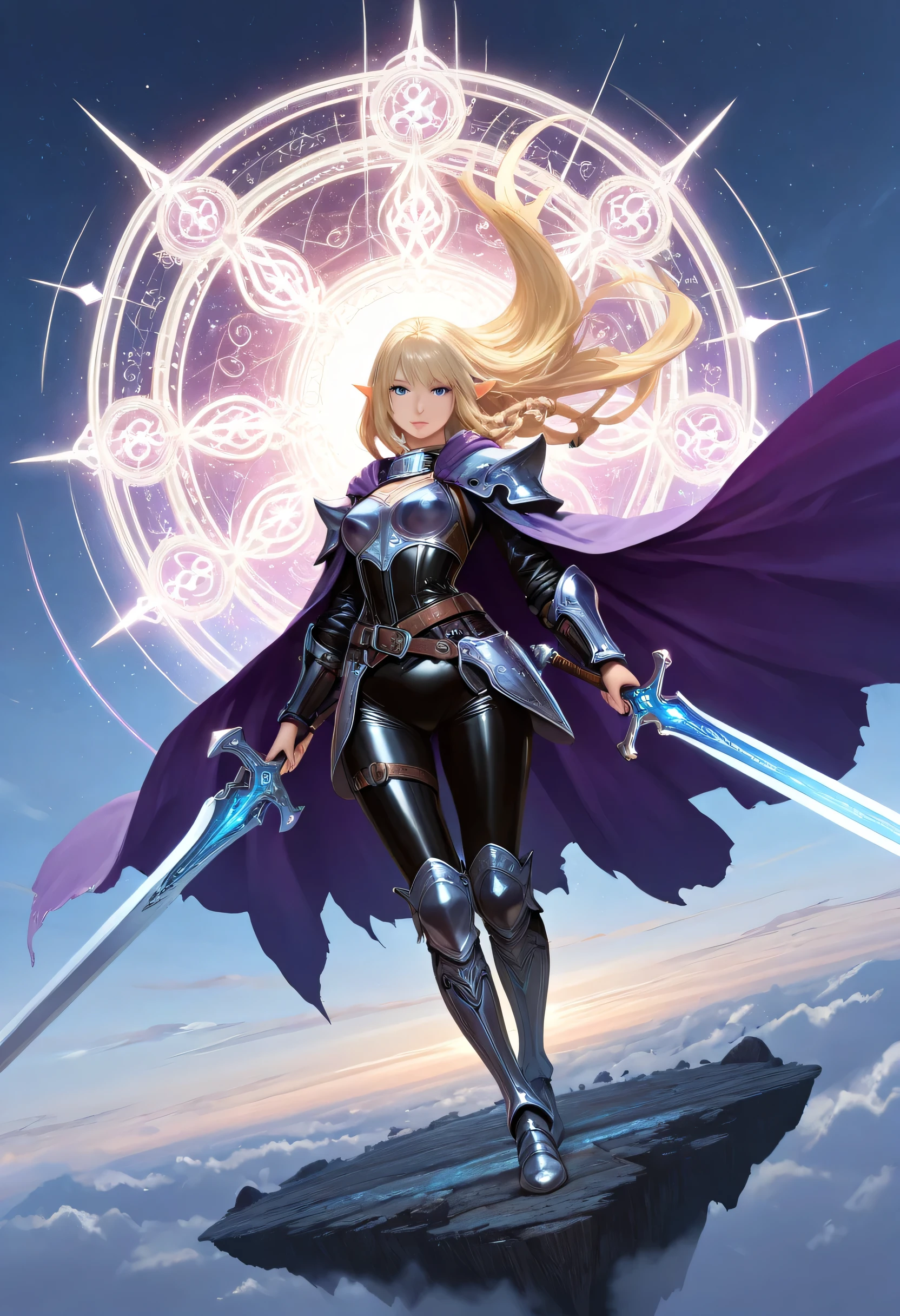 a picture of a female elf, fantasy swashbuckler, fantasy fencer, armed with a slim sword, shinning sword, magical sword, metallic shine, colorful clothes, full body, epic beautiful female elf, blond hair, rich hair, braided hair, small pointed ears, wearing  purple cloak, long cloak, wearing elven leather armor, sense of daring, sense of adventure fantasy street, high details, best quality, 16k, [ultra detailed], masterpiece, best quality, (extremely detailed), dynamic angle, ultra wide shot, photorealistic, RAW, fantasy art, realistic art,((best quality)), ((masterpiece)), (detailed), perfect face,  fantasy, Cinematic Shot, dvr-hgh-fnt