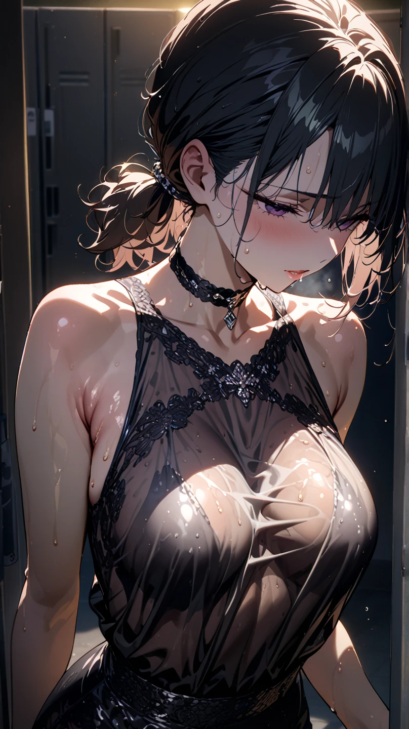 score_9、score_8_up、1 female、、Glowing Skin、Hourglass-shaped body、Athlete Body、Night One、bleach、Glowing Skin、Sweaty、Interface video recording、A lot of cum on my mouth and chest、Sit on the bed、Cropped fishnet top、Black choker、Black lipstick、Record yourself