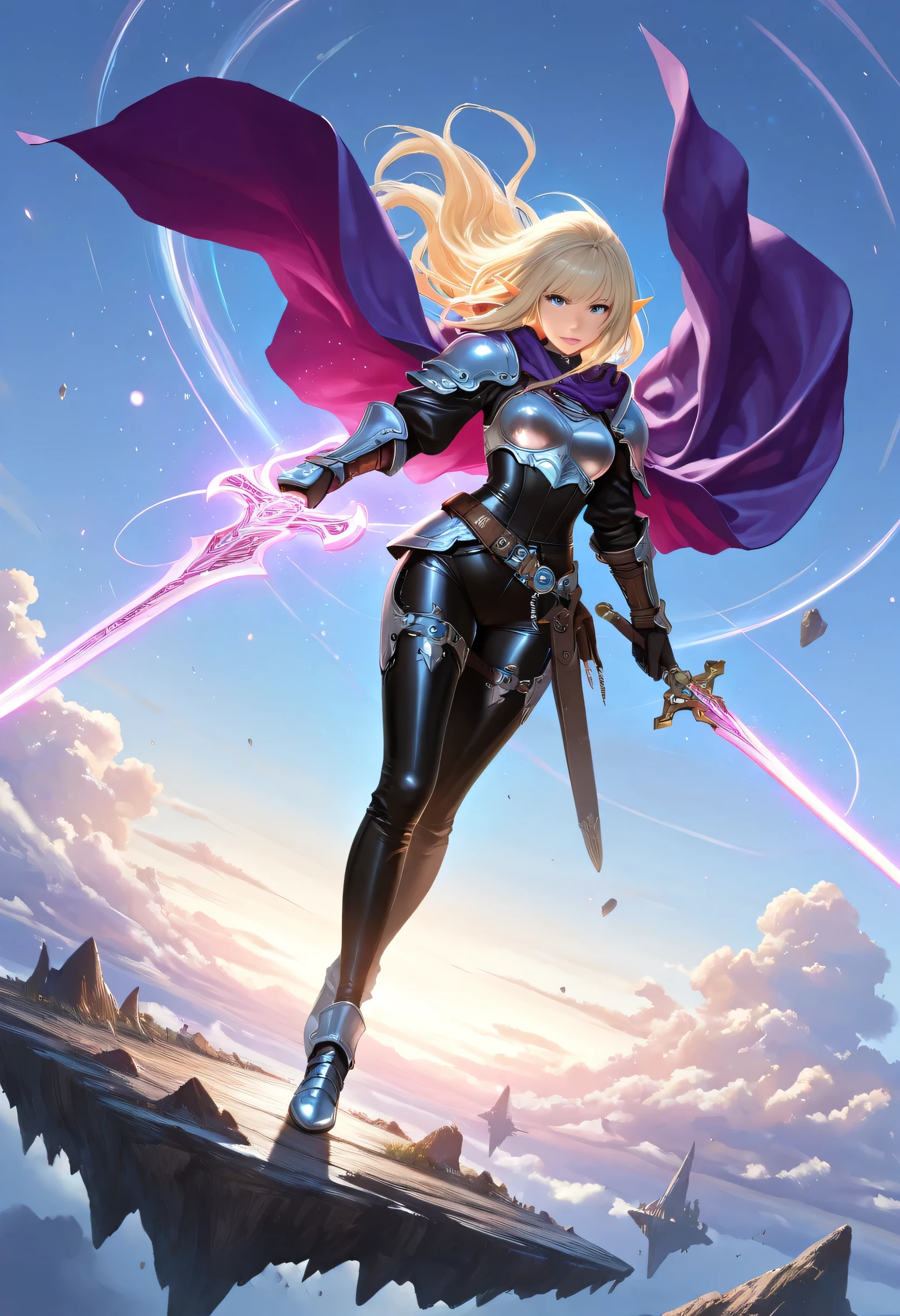 a picture of a female elf, fantasy swashbuckler, fantasy fencer, armed with a slim sword, shinning sword, magical sword, metallic shine, colorful clothes, full body, epic beautiful female elf, blond hair, rich hair, braided hair, small pointed ears, wearing  purple cloak, long cloak, wearing elven leather armor, sense of daring, sense of adventure fantasy street, high details, best quality, 16k, [ultra detailed], masterpiece, best quality, (extremely detailed), dynamic angle, ultra wide shot, photorealistic, RAW, fantasy art, realistic art,((best quality)), ((masterpiece)), (detailed), perfect face,  fantasy, Cinematic Shot, dvr-hgh-fnt