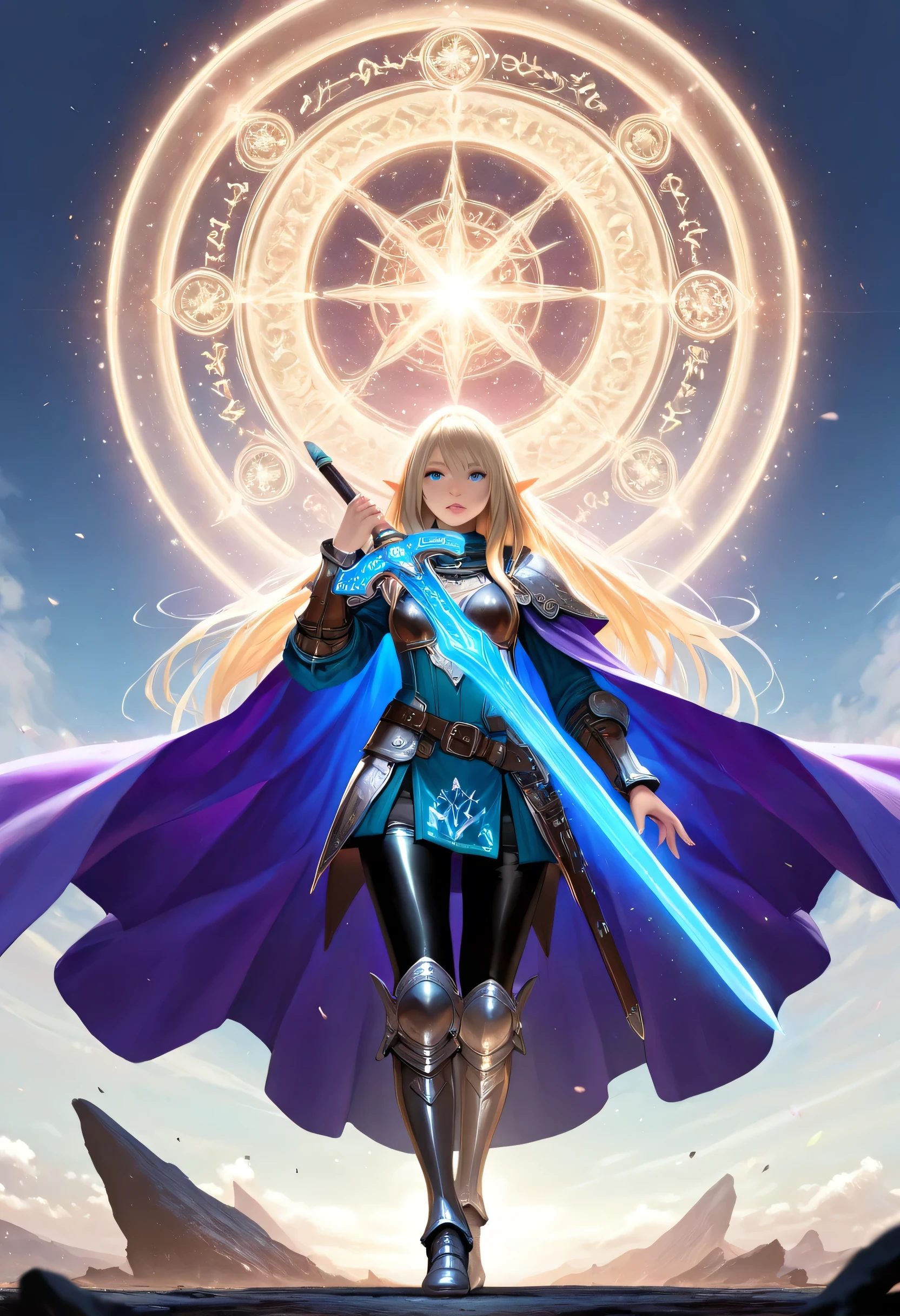 a picture of a female elf, fantasy swashbuckler, fantasy fencer, armed with a slim sword, shinning sword, magical sword, metallic shine, colorful clothes, full body, epic beautiful female elf, blond hair, rich hair, braided hair, small pointed ears, wearing  purple cloak, long cloak, wearing elven leather armor, sense of daring, sense of adventure fantasy street, high details, best quality, 16k, [ultra detailed], masterpiece, best quality, (extremely detailed), dynamic angle, ultra wide shot, photorealistic, RAW, fantasy art, realistic art,((best quality)), ((masterpiece)), (detailed), perfect face,  fantasy, Cinematic Shot, dvr-hgh-fnt
