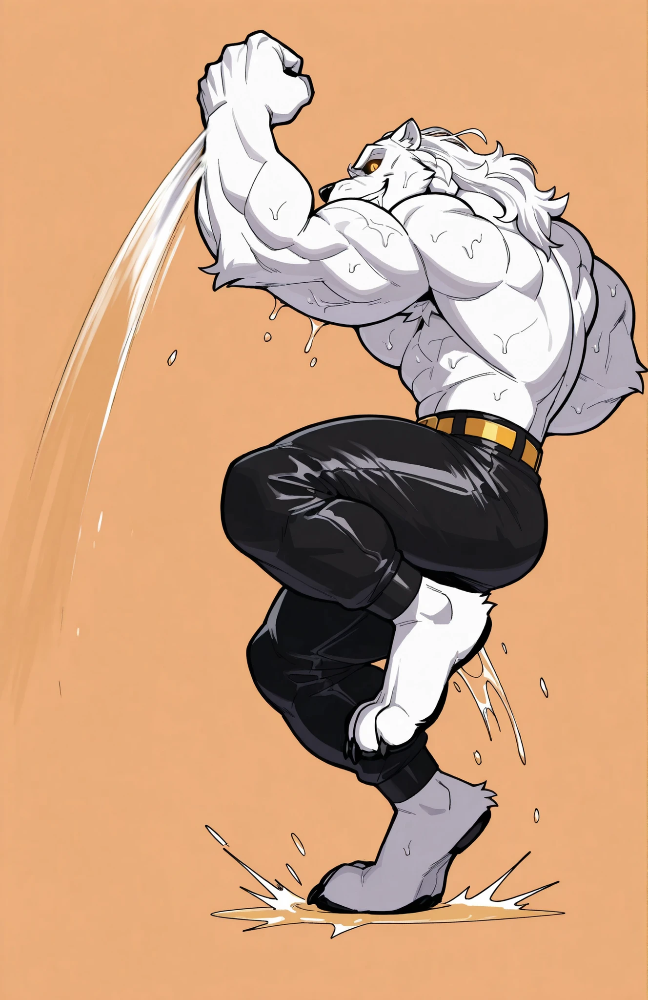 solo, 1boy, side view, full body, correct anatomy, ThokkIN, furry, anthro, masculine, tough face, detailed face, detailed glowing eyes black sclera orange pupils, very muscular, athletic body, slim, broad shoulders, thick arms, small head, (hairy) wet armpit, smile, drooling saliva, leaning over viewer, sweat dripping, topless, pants, belt, dynamic scene, in air, jumping, kick, stomping at the viewer, movements lines, motion blur, simple background