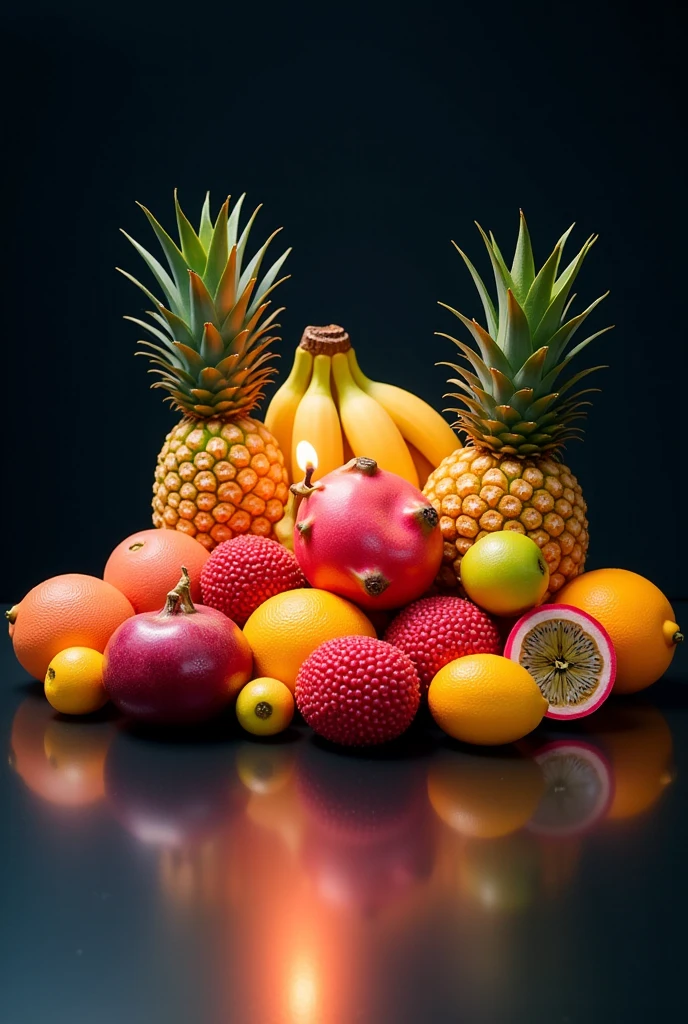 A surreal, high-resolution photo of a vibrant arrangement of exotic fruits under dramatic studio lighting. Each fruit is displayed in a unique artistic style (e.g., metallic texture, transparent glass effect, or glowing bioluminescence). The background is minimalist, either deep black or soft gradient, enhancing the fruits’ vivid colors and textures. Water droplets and light reflections add realism. The composition should be visually striking, as if meant for an international photography competition.