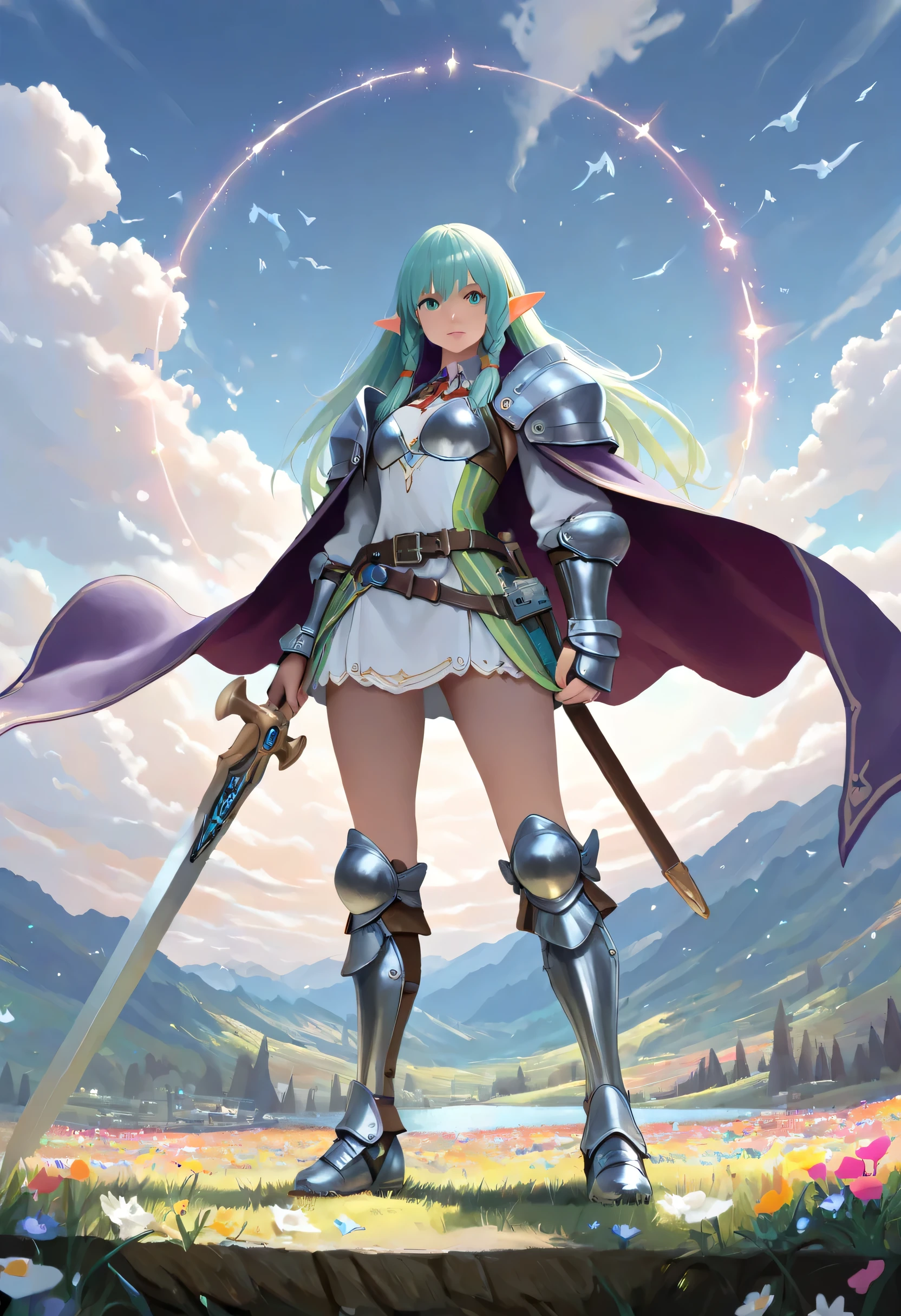 a picture of a female elf, fantasy swashbuckler, fantasy fencer, armed with a slim sword, shinning sword, magical sword, metallic shine, colorful clothes, full body, epic beautiful female elf, nlond hair, braided hair, small pointed ears, wearing  purple cloak, long cloak, wearing elven leather armor, sense of daring, sense of adventure fantasy street, high details, best quality, 16k, [ultra detailed], masterpiece, best quality, (extremely detailed), dynamic angle, ultra wide shot, photorealistic, RAW, fantasy art, realistic art,((best quality)), ((masterpiece)), (detailed), perfect face, fantasy, Cinematic Shot, dvr-hgh-fnt, runemagic