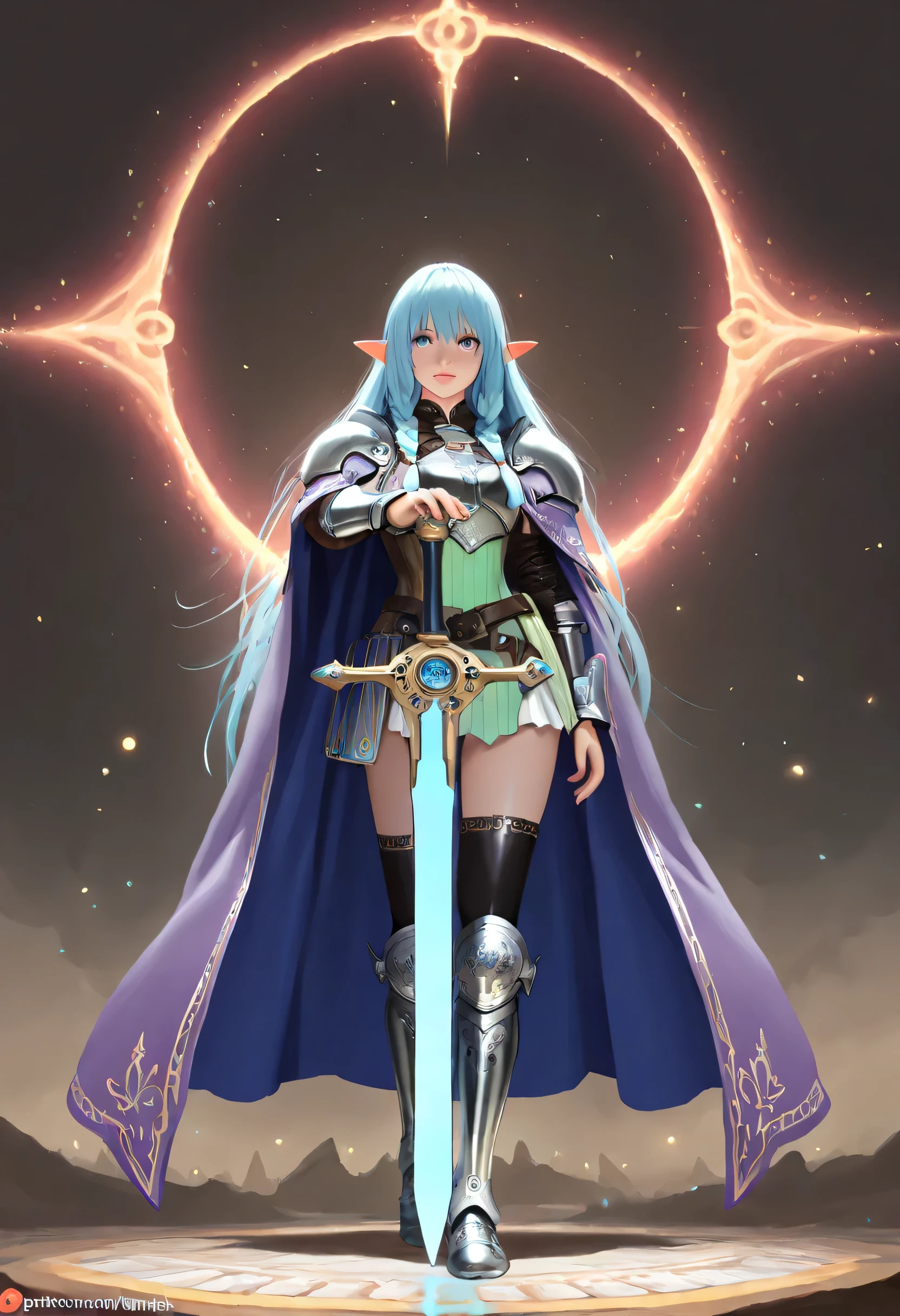 a picture of a female elf, fantasy swashbuckler, fantasy fencer, armed with a slim sword, shinning sword, magical sword, metallic shine, colorful clothes, full body, epic beautiful female elf, nlond hair, braided hair, small pointed ears, wearing  purple cloak, long cloak, wearing elven leather armor, sense of daring, sense of adventure fantasy street, high details, best quality, 16k, [ultra detailed], masterpiece, best quality, (extremely detailed), dynamic angle, ultra wide shot, photorealistic, RAW, fantasy art, realistic art,((best quality)), ((masterpiece)), (detailed), perfect face, fantasy, Cinematic Shot, dvr-hgh-fnt, runemagic