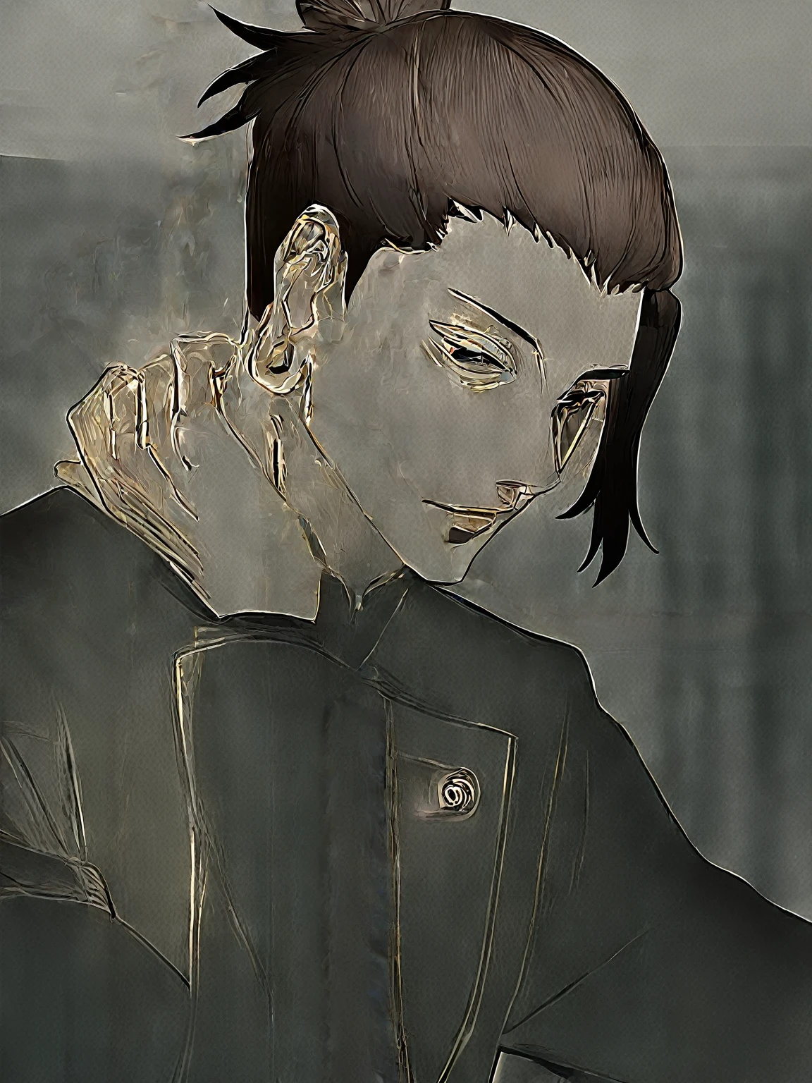 Highest quality, masterpiece,Black Hair, blue eyes, look up, Upper Body, male, cool, Beautiful black eyes, Slicked back hair, 筋肉があるmale, 背が高いmale,