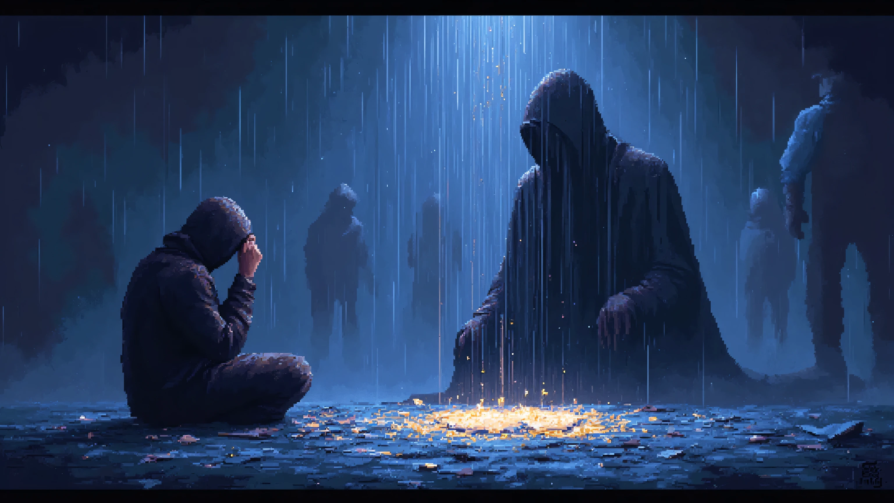 Cinematic pixel art of a lone hooded figure sitting on the ground under heavy rain, covering their eyes with one hand while a dark, faceless shadow looms behind them, mirroring their posture. Scattered papers and a cracked mirror lie nearby, reflecting a distorted version of the figure. In the background, blurred people walk by in silence, ignoring the scene. A cold blue and violet palette dominates, with a faint golden light falling only on the main character. Mood: symbolic, philosophical, melancholic. 16:9 aspect ratio, highly detailed emotional pixel art.