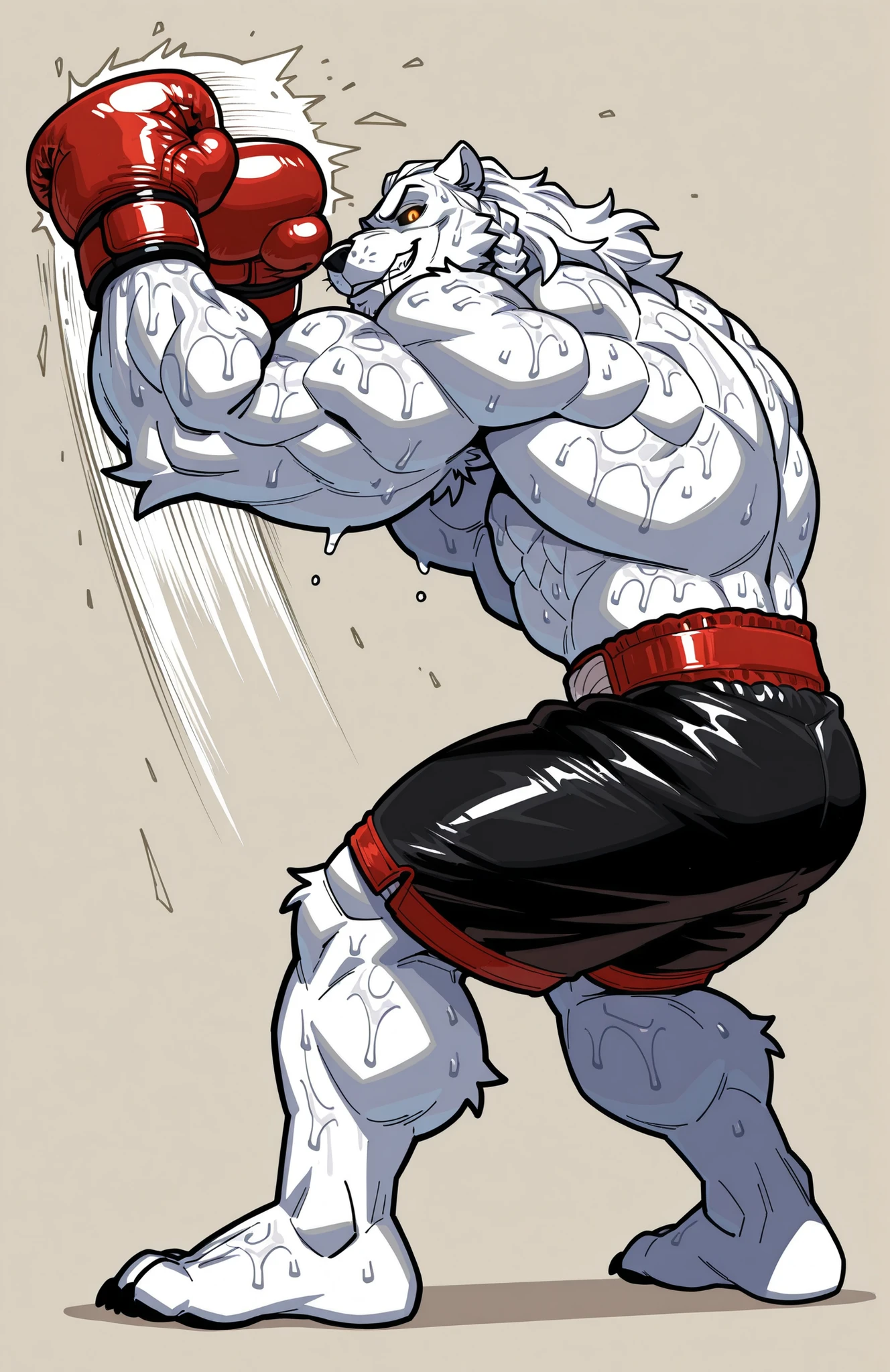solo, 1boy, side view, full body, correct anatomy, ThokkIN, furry, anthro, masculine, tough face, detailed face, detailed glowing eyes black sclera orange pupils, very muscular, athletic body, slim, broad shoulders, thick arms, small head, (hairy) wet armpit, smile, drooling saliva, leaning over viewer, sweat dripping, topless,boxing trunks, boxing gloves, dynamic scene, punching the viewer, movements lines, motion blur, simple background
