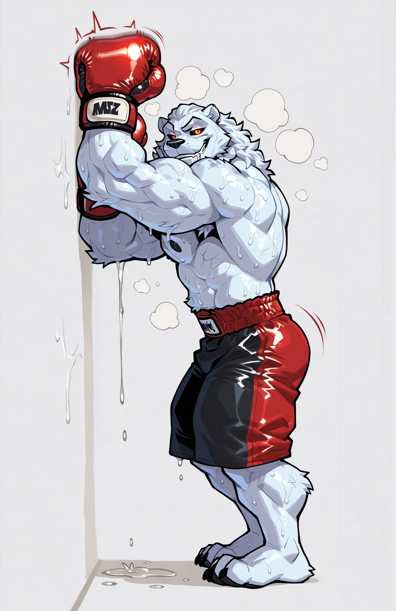 solo, 1boy, side view, full body, correct anatomy, ThokkIN, furry, anthro, masculine, tough face, detailed face, detailed glowing eyes black sclera orange pupils, very muscular, athletic body, slim, broad shoulders, thick arms, small head, (hairy) wet armpit, smile, drooling saliva, leaning over viewer, sweat dripping, topless,boxing trunks, boxing gloves, dynamic scene, punching the viewer, movements lines, motion blur, simple background