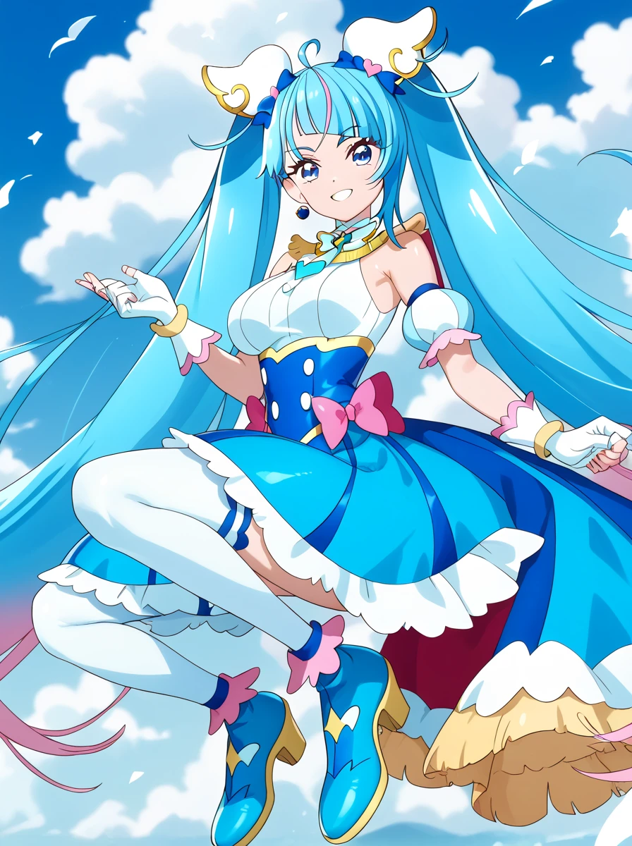Cure Sky, dress, Twin tails, Gradient Hair, Ahoge, Blunt bangs, Wings on the head, Fingerless gloves, White shirt, Puffy sleeves, Cape, Knee socks, blue legwear, gem, Single earring, One girl, alone, Upper Body, In-person audience, (View your viewers:1.5), in the center, smile,Open your mouth wide、stick out a long tongue from the mouth、Big Breasts、Cleavage、She rolls up her skirt to show her panties、Sexy white panties、Her white panties are in full view、