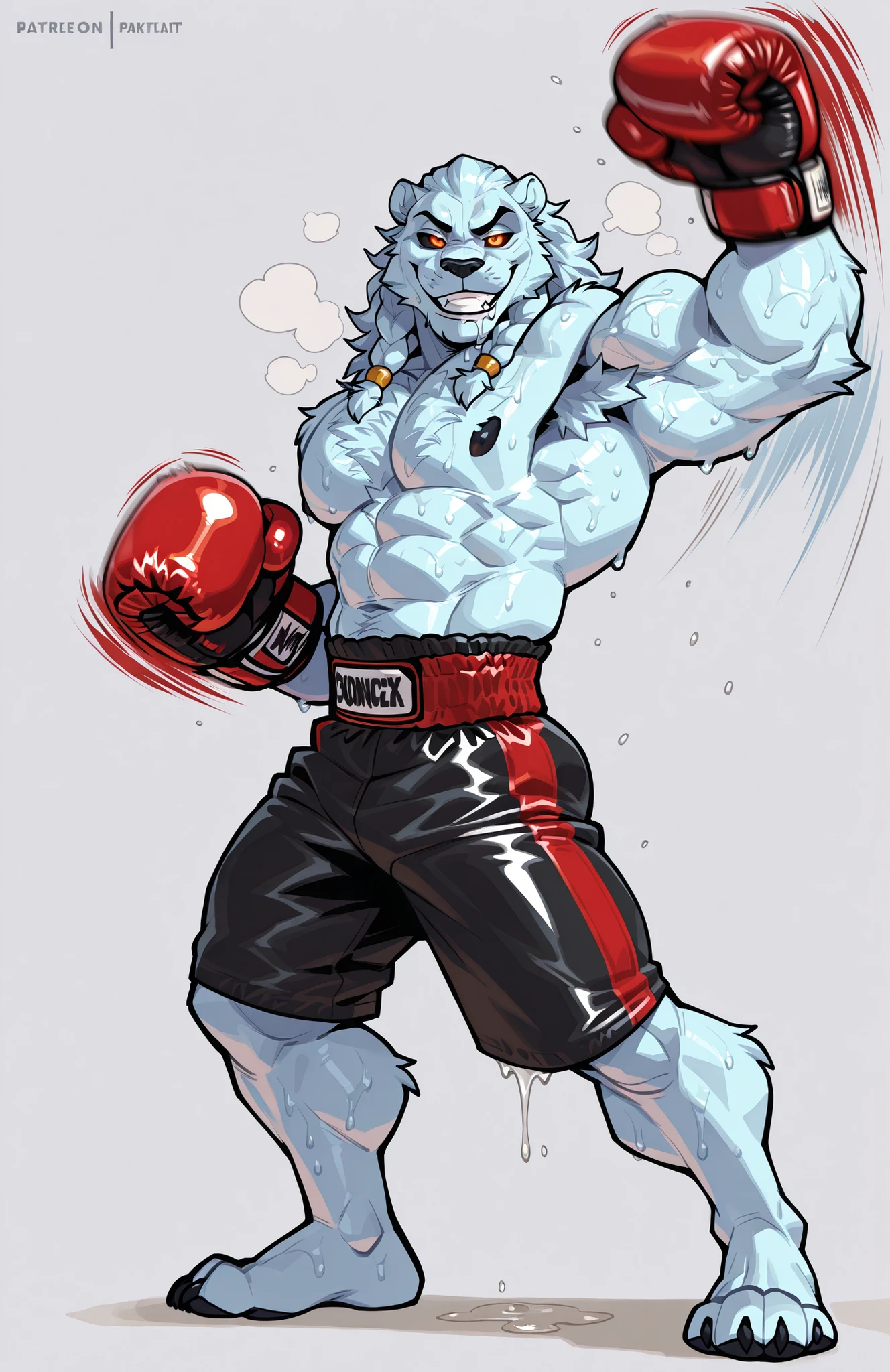 solo, 1boy, side view, full body, correct anatomy, ThokkIN, furry, anthro, masculine, tough face, detailed face, detailed glowing eyes black sclera orange pupils, very muscular, athletic body, slim, broad shoulders, thick arms, small head, (hairy) wet armpit, smile, drooling saliva, leaning over viewer, sweat dripping, topless,boxing trunks, boxing gloves, dynamic scene, punching the viewer, movements lines, motion blur, simple background