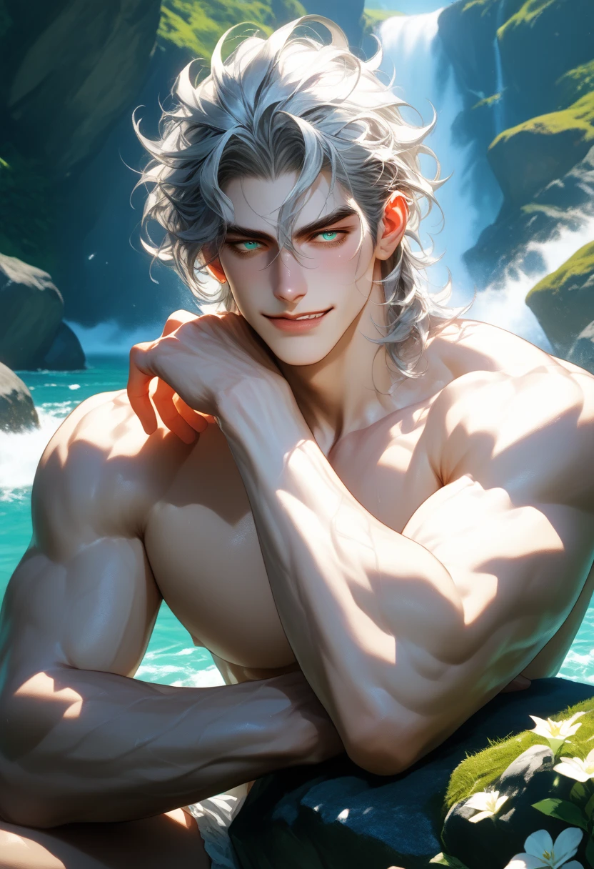man, masculine, masculine face, attractive, muscular, (((1man))), masterpiece, absurdres, best quality ,intricate details , (shiny skin, shiny body, shiny oily luster skin, shiny hair, pale skintone), Sundown, attractive, ((muscular)), adult, one, earrings, Don't look at the view , Not looking at the view, silver hair, braided hair, perfect detailed face, perfect detailed hands, triton, fins, red eyes, triton ears, ((MLS)), smirk, medium large shoot, marine ornaments, beach in the background, ((mermaid tail)), no legs