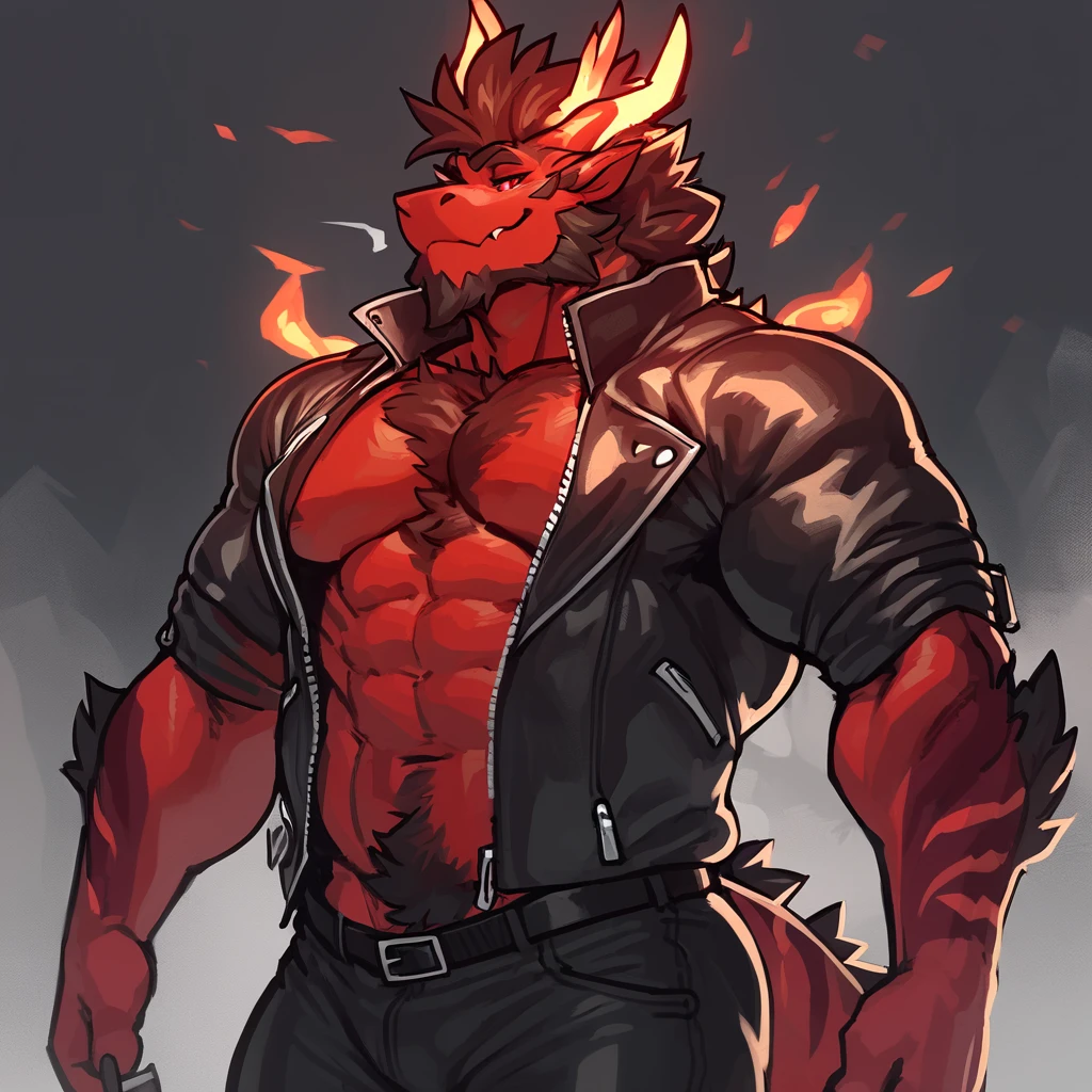depth of fields, lighting perfect, light particles，（best quality), (masterpiece）, (ultra - detailed, Sharp focus, light particles, inij，red fox male,  black demonic markings,  opposite ageature temperament，demon horns  ,  demon wings,  eyes，red-eyed，hairy chest，Animal_Ear_vellus hair，Crossed waist with one hand,  rays of sunshine，City，Mysterious smile, two penises, double penis, Naked,