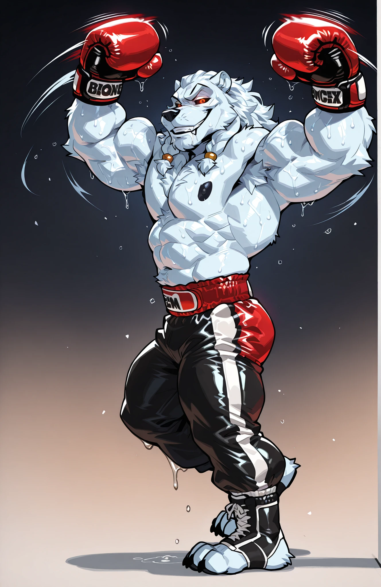 solo, 1boy, side view, full body, correct anatomy, ThokkIN, furry, anthro, masculine, tough face, detailed face, detailed glowing eyes black sclera orange pupils, very muscular, athletic body, slim, broad shoulders, thick arms, small head, (hairy) wet armpit, smile, drooling saliva, leaning over viewer, sweat dripping, topless,boxing trunks, boxing gloves, dynamic scene, pov_boxing, punching_the_viewer, movements lines, motion blur, simple background
