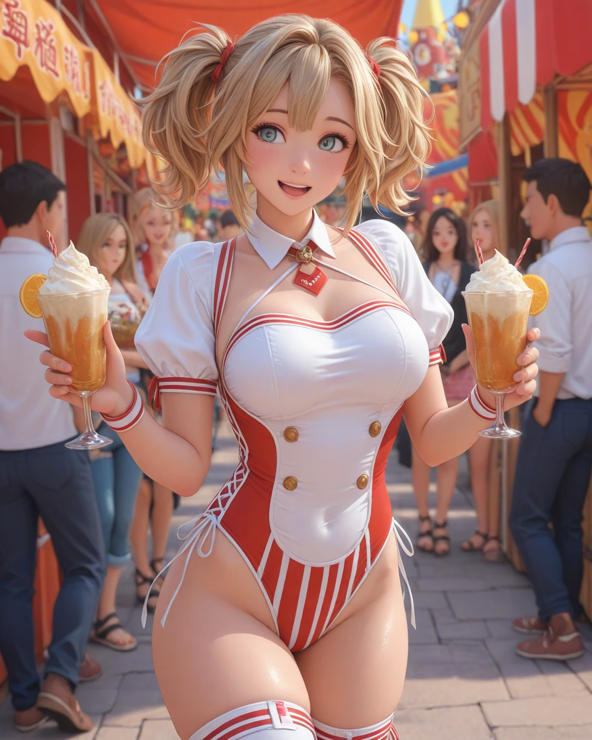 (masterpiece, best quality), best resolution, (2heads:1.5), 1girl, cosplay, zetadef, braid, hair intakes, twintails, hairband, blond hair, brown eyes, red armor, shoulder armor, skirt, thighhighs, gauntlets, belt, midriff, cleavage, confident smile, one hand on hip, convention center patio, outdoors, close-up, portrait