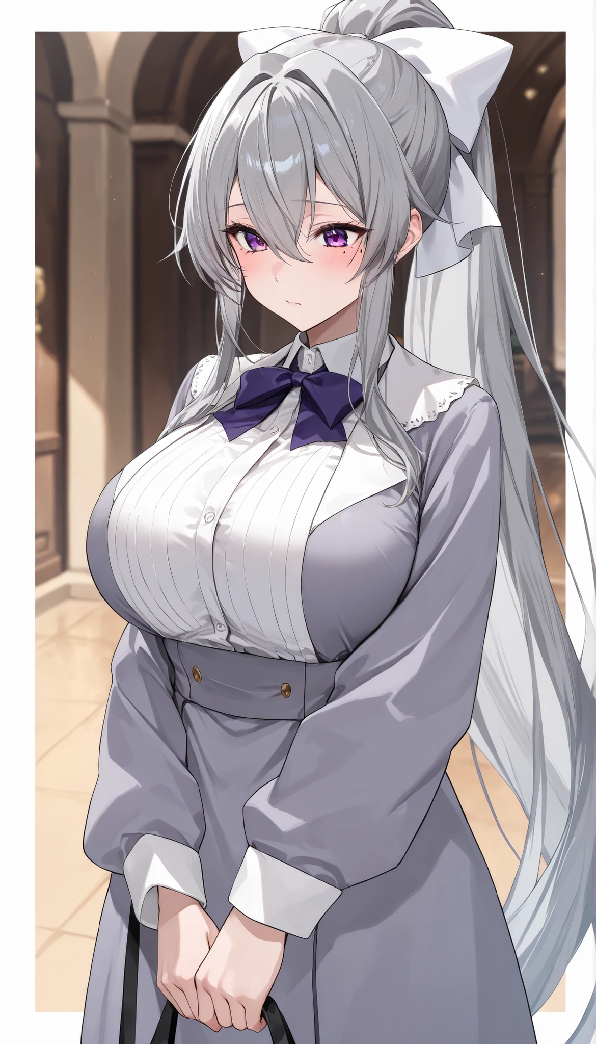 score_9, score_8_up, score_7_up,(masterpiece),(top quality),( very well detailed ),8k,(1 woman),( voluminous ),hk1, purple eyes, grey hair, hair between eyes, long hair, very long hair, ponytail, mole, mole under eye, bow, white bow,big breasts,