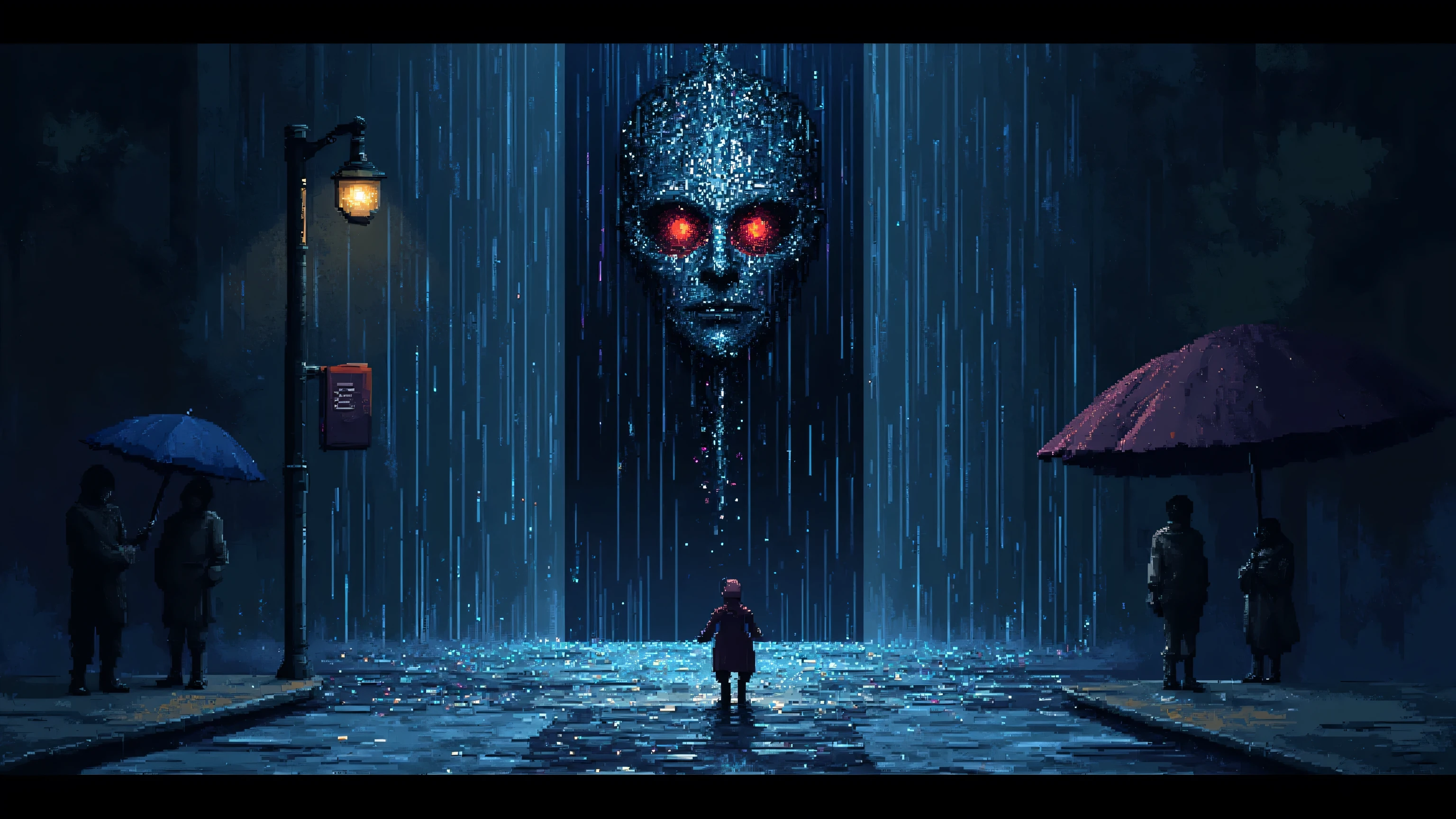 Cinematic pixel art of a person standing in front of a massive, cracked mirror in the middle of an empty street at night. Rain pours heavily as the figure stares at the reflection — but the reflection does not match: it shows a darker version of themselves, eyes glowing faintly red, expression cold and still. Around them, the world is frozen mid-motion — blurred silhouettes of people paused, umbrellas in hand, unaware of the confrontation. The scene is lit by a single flickering streetlamp above. Atmosphere: heavy, mysterious, introspective. 16:9 format, highly detailed, symbolic pixel art.
