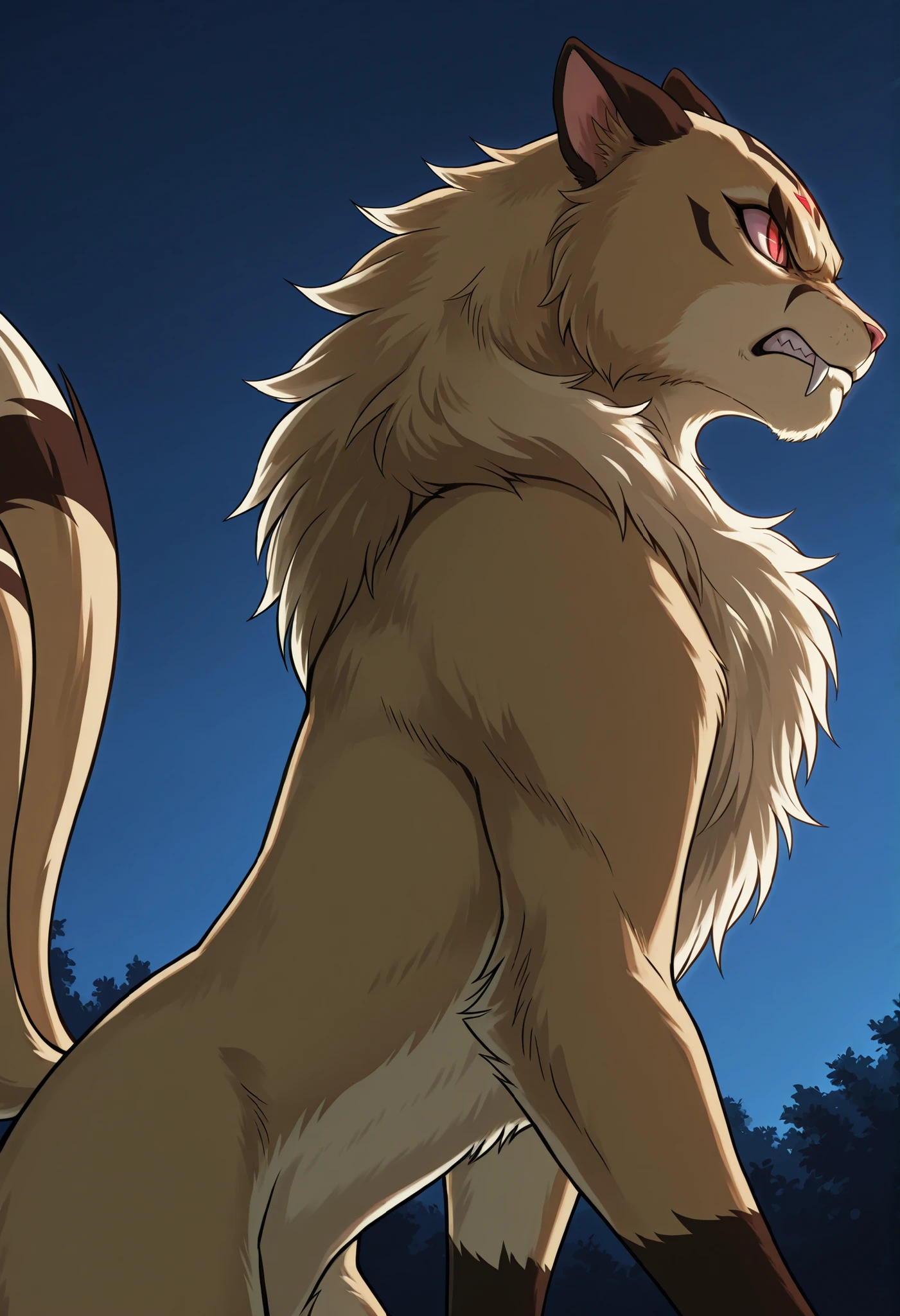 Kirara (transformed), solo, no humans, slit pupils, fangs out, red eyes, tan fur, two tails, black diamond mark on head, detailed fur, ((side view)), angry, nighttime, backlighting