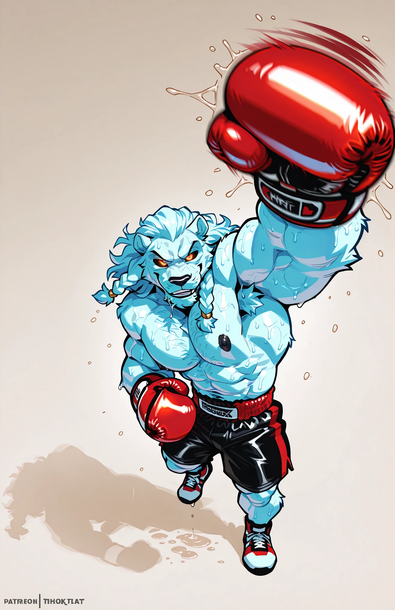 solo, 1boy, full body, correct anatomy, ThokkIN, furry, anthro, masculine, tough face, detailed face, detailed glowing eyes black sclera orange pupils, very muscular, athletic body, slim, broad shoulders, thick arms, small head, (hairy) wet armpit, smile, drooling saliva, leaning over viewer, sweat dripping, topless,boxing trunks, boxing gloves, dynamic scene, pov_boxing, punching_the_viewer, movements lines, motion blur, simple background
