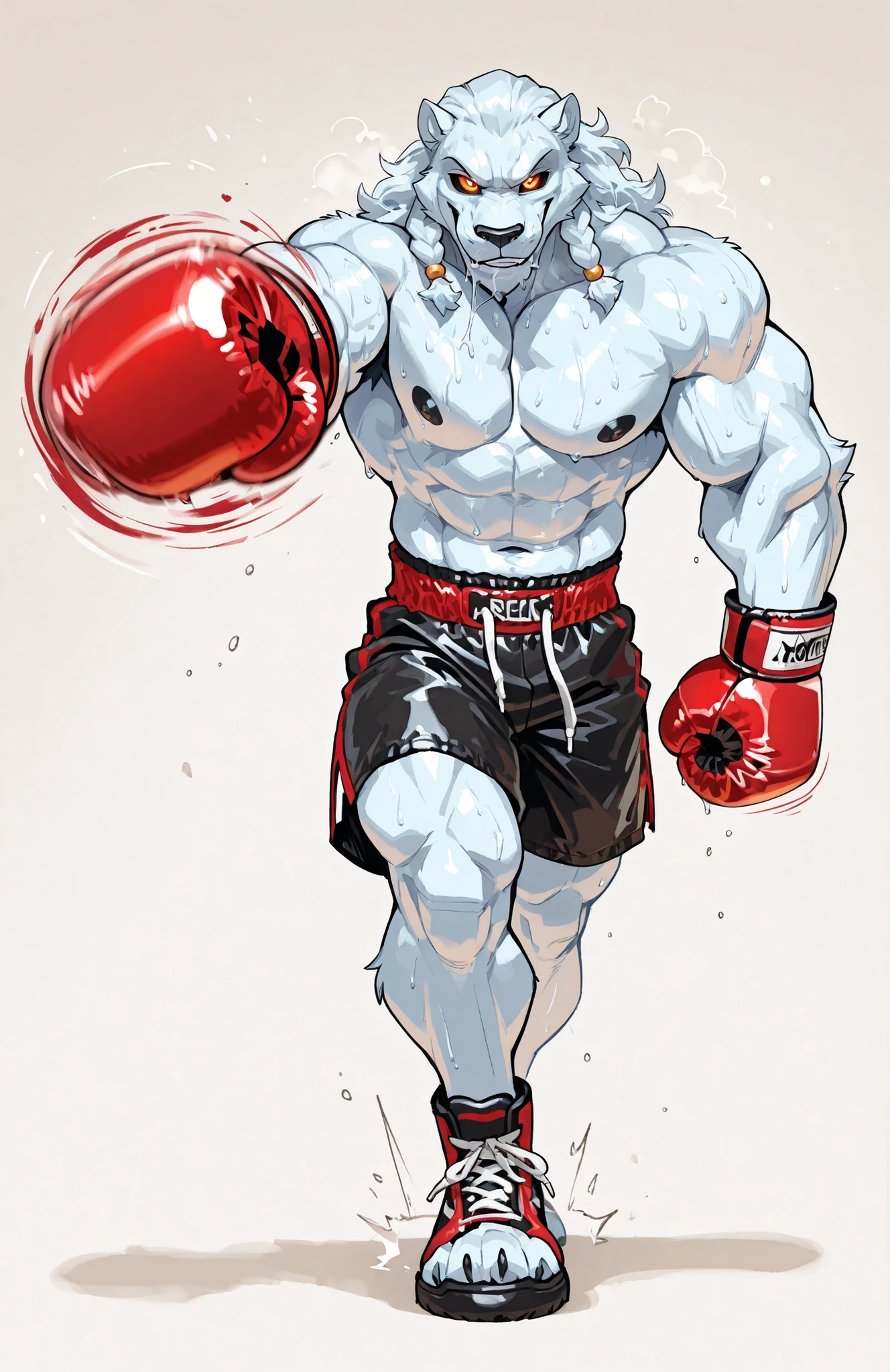 solo, 1boy, full body, correct anatomy, ThokkIN, furry, anthro, masculine, tough face, detailed face, detailed glowing eyes black sclera orange pupils, very muscular, athletic body, slim, broad shoulders, thick arms, small head, smile, drooling saliva, sweat dripping, topless, boxing trunks, boxing gloves, dynamic scene, pov_boxing, punching_the_viewer, movements lines, motion blur, simple background