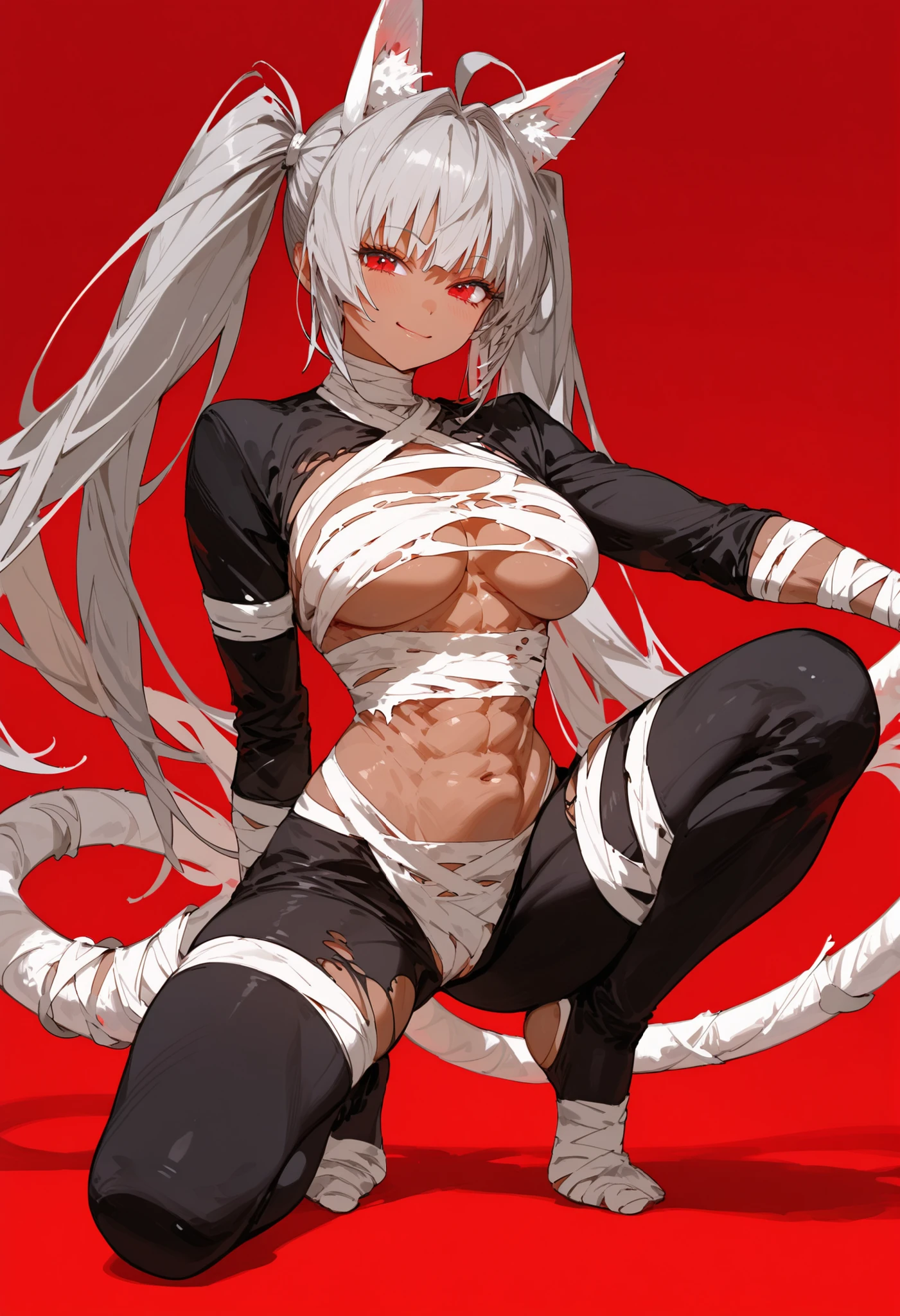 Masterpiece , best quality , Masterpiece , best quality , 1 woman , black skin , Long straight white hair , bulge , be unconscious , black bikini , abdomen , big breasts , Long legs , Barefoot , Lie down on the floor.. , spread your legs , Chain locks both hands , prison cell