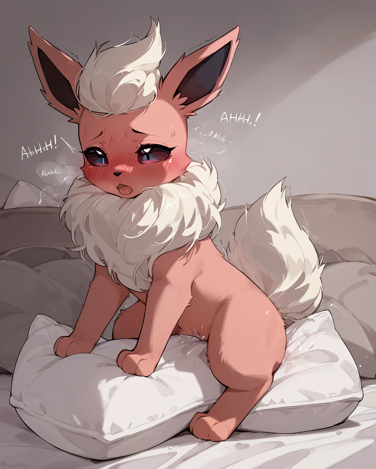 alone, score_9,score_8_up,score_7_up, anthro male flareon, naked, penis, knot, indoors, on a bed, pillow humping, crotch rub, cum, on all fours.