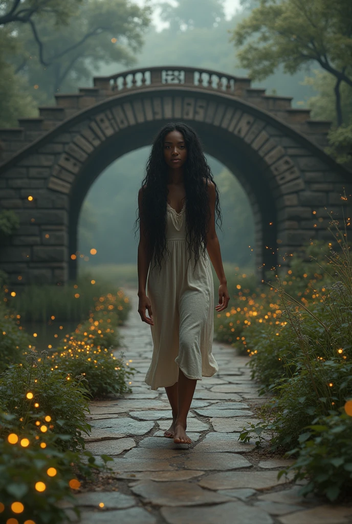 Girl about 25 years old, African american, The Forest Witch, big eyes, with long hair, ethnic tattoos, standing waist-deep in the water of a forest lake or river, night time, river lilies around her, wearing a cream semi-sheer wet dress with a waist. It's deep night, The moon is shining, There are stars in the sky, soft moonlight falls on the girl, she looks at the sky. gotik, Dark, Fine art painting, cinema, 8K