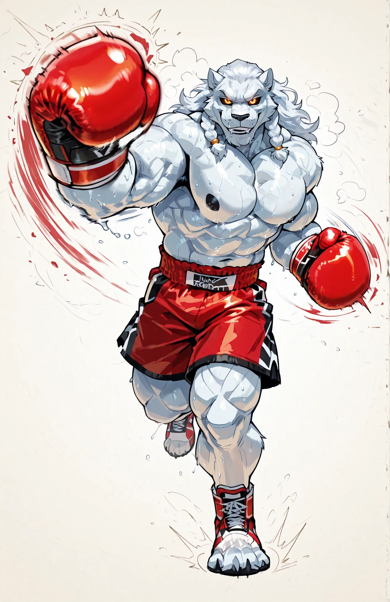 solo, 1boy, full body, correct anatomy, ThokkIN, furry, anthro, masculine, tough face, detailed face, detailed glowing eyes black sclera orange pupils, very muscular, athletic body, broad shoulders, thick arms, small head, smile, drooling saliva, sweat dripping, topless, boxing trunks, boxing gloves, dynamic scene, pov_boxing, punching_the_viewer, outstretched arm, big boxing glove in front, movements lines, motion blur, simple background