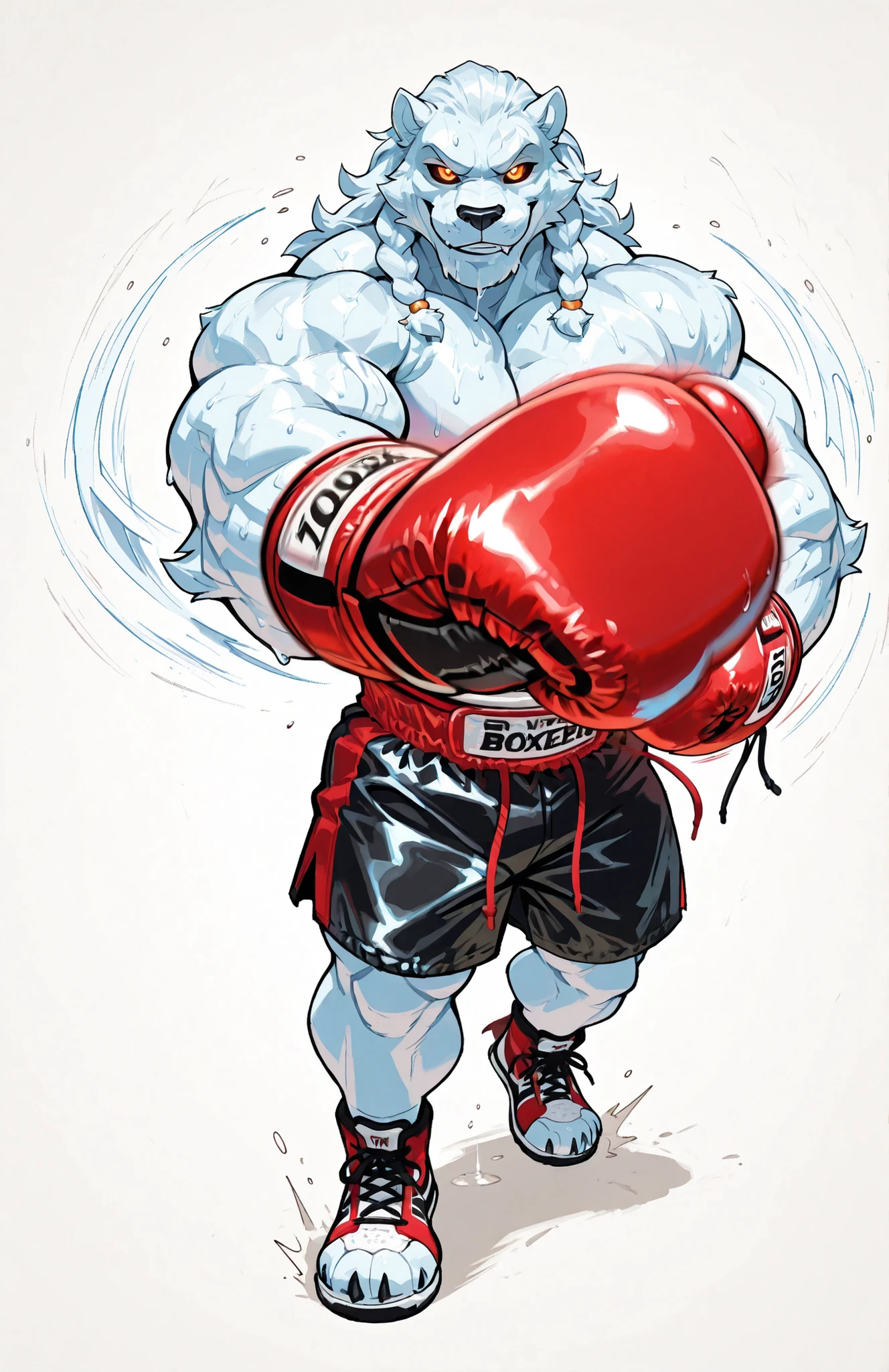 solo, 1boy, full body, correct anatomy, ThokkIN, furry, anthro, masculine, tough face, detailed face, detailed glowing eyes black sclera orange pupils, very muscular, athletic body, broad shoulders, thick arms, small head, smile, drooling saliva, sweat dripping, topless, boxing trunks, boxing gloves, dynamic scene, pov_boxing, punching_the_viewer, outstretched arm, big boxing glove in front, movements lines, motion blur, simple background