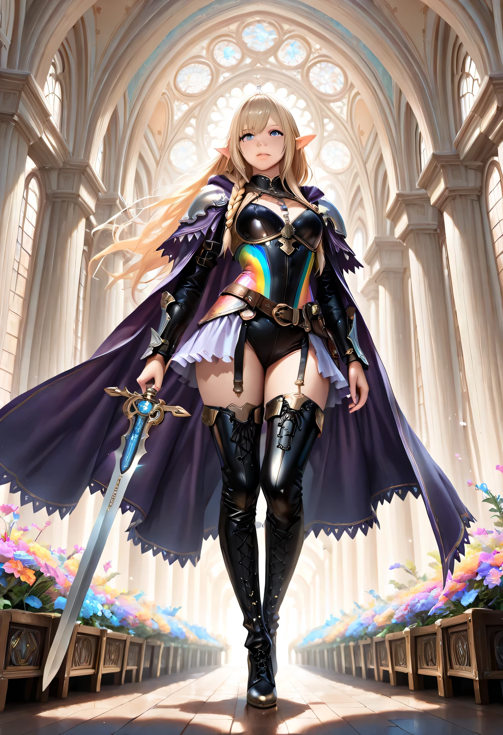 a picture of a female elf, fantasy swashbuckler, fantasy fencer, armed with a slim sword, shinning sword, magical sword, metallic shine, colorful clothes, full body, epic beautiful female elf, blond hair, braided hair, small pointed ears, wearing  purple cloak, long cloak, wearing elven leather armor, sense of daring, sense of adventure fantasy street, high details, best quality, 16k, [ultra detailed], masterpiece, best quality, (extremely detailed), dynamic angle, ultra wide shot, photorealistic, RAW, fantasy art, realistic art,((best quality)), ((masterpiece)), (detailed), perfect face, LOAsuccXL, lace up stilettos, fantasy, Cinematic Shot, dvr-hgh-fnt