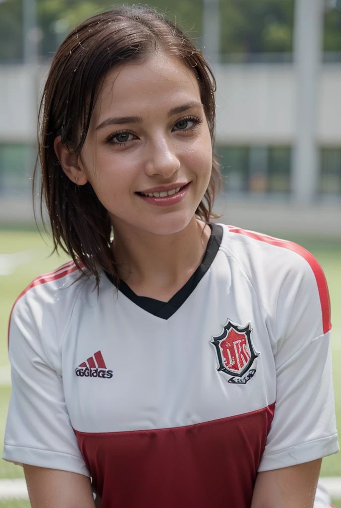 ((best quality)), ((masterpiece)), (detailed), perfect face, soccer jersey red, in a soccer field