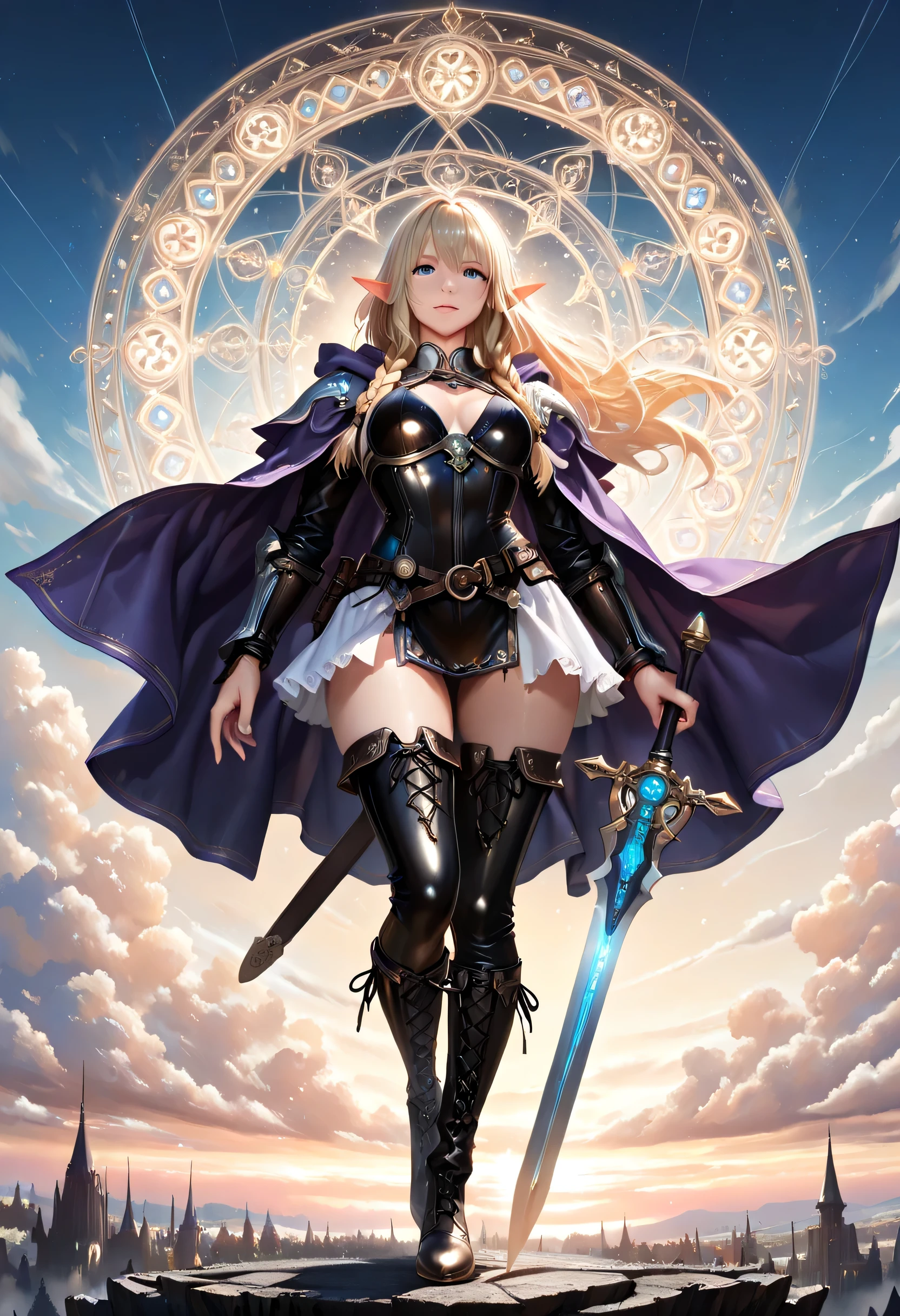 a picture of a female elf, fantasy swashbuckler, fantasy fencer, armed with a slim sword, shinning sword, magical sword, metallic shine, colorful clothes, full body, epic beautiful female elf, blond hair, braided hair, small pointed ears, wearing  purple cloak, long cloak, wearing elven leather armor, sense of daring, sense of adventure fantasy street, high details, best quality, 16k, [ultra detailed], masterpiece, best quality, (extremely detailed), dynamic angle, ultra wide shot, photorealistic, RAW, fantasy art, realistic art,((best quality)), ((masterpiece)), (detailed), perfect face, LOAsuccXL, lace up stilettos, fantasy, Cinematic Shot, dvr-hgh-fnt
