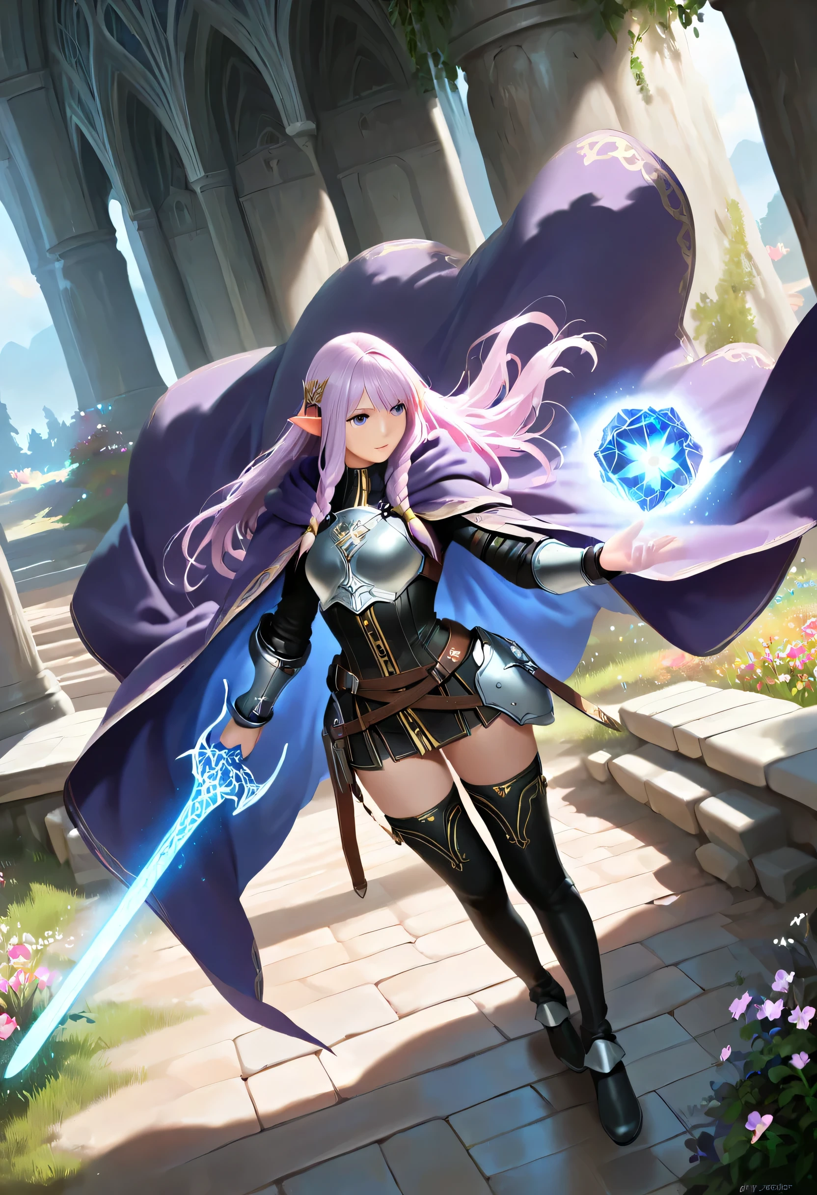 a picture of a female elf, fantasy swashbuckler, fantasy fencer, armed with a slim sword, shinning sword, magical sword, metallic shine, colorful clothes, full body, epic beautiful female elf, nlond hair, braided hair, small pointed ears, wearing  purple cloak, long cloak, wearing elven leather armor, sense of daring, sense of adventure fantasy street, high details, best quality, 16k, [ultra detailed], masterpiece, best quality, (extremely detailed), dynamic angle, ultra wide shot, photorealistic, RAW, fantasy art, realistic art,((best quality)), ((masterpiece)), (detailed), perfect face, fantasy, Cinematic Shot, dvr-hgh-fnt, runemagic, light and shadows by reij-shdwgms